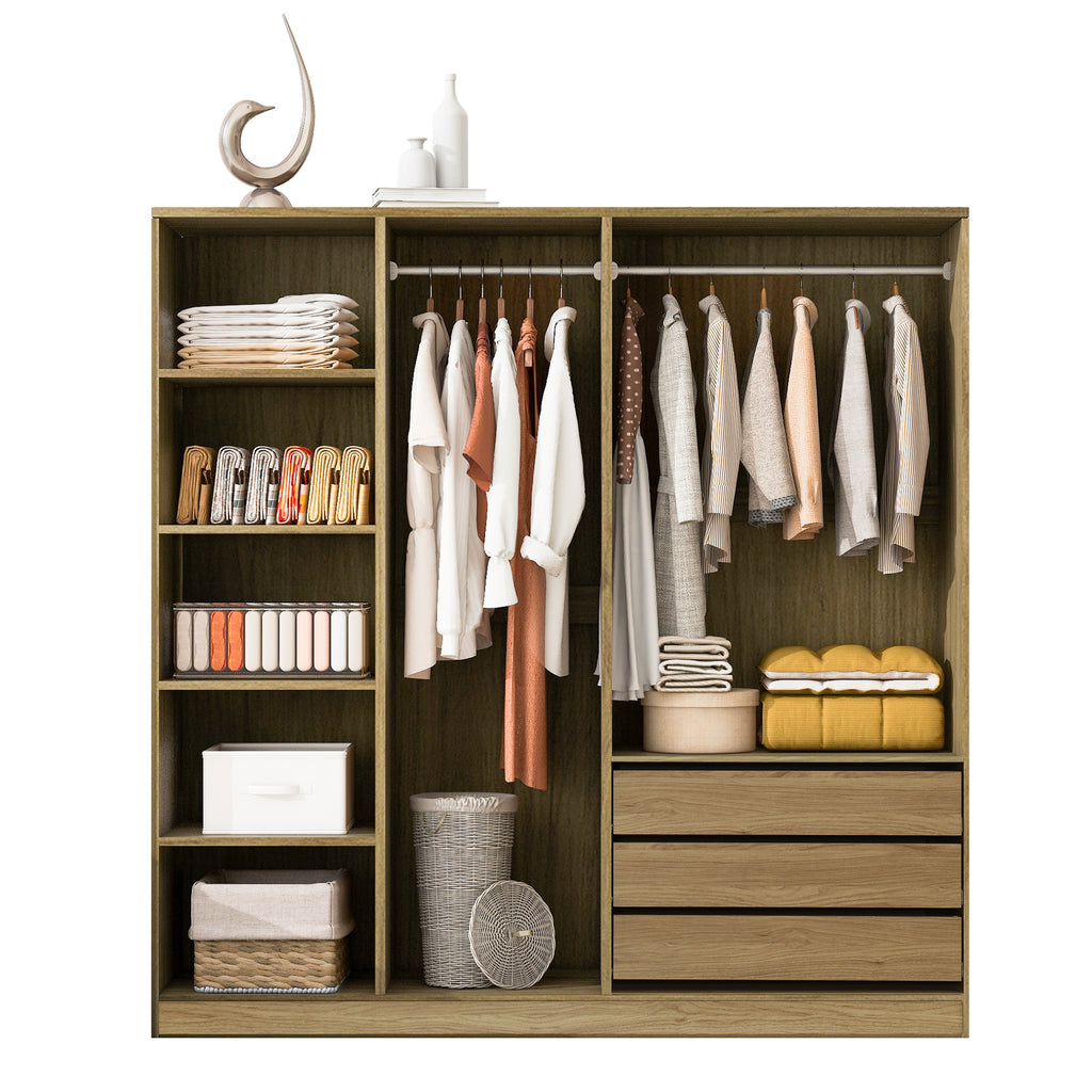 Doorless Wooden Storage Wardrobe for Dedroom with Shelves and 3 Drawers,Nature - Grand Goldman Shop