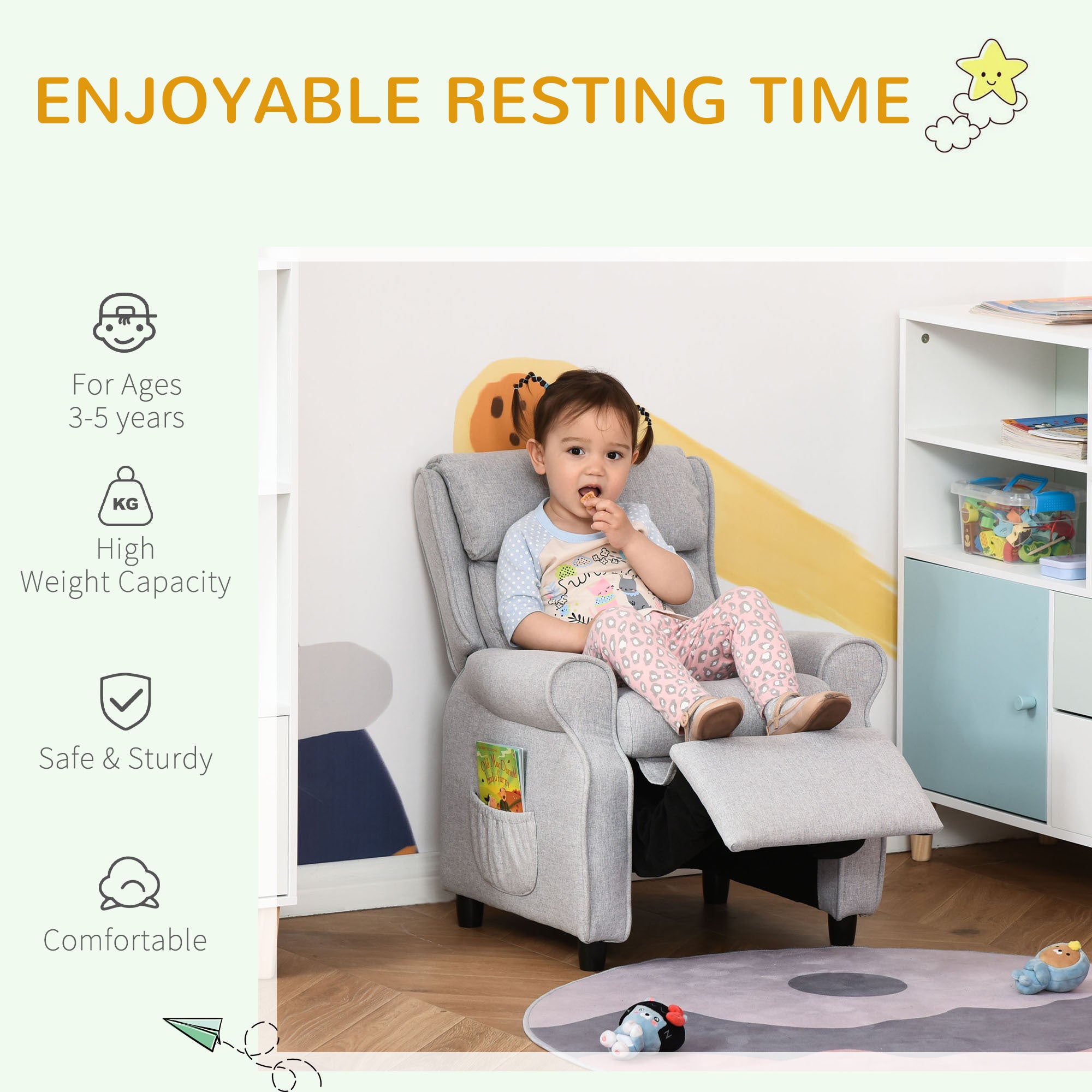 Qaba Kids Recliner Chair Children Sofa Angle Adjustable Single Lounger Armchair Gaming Chair with Footrest 2 Side Pockets for