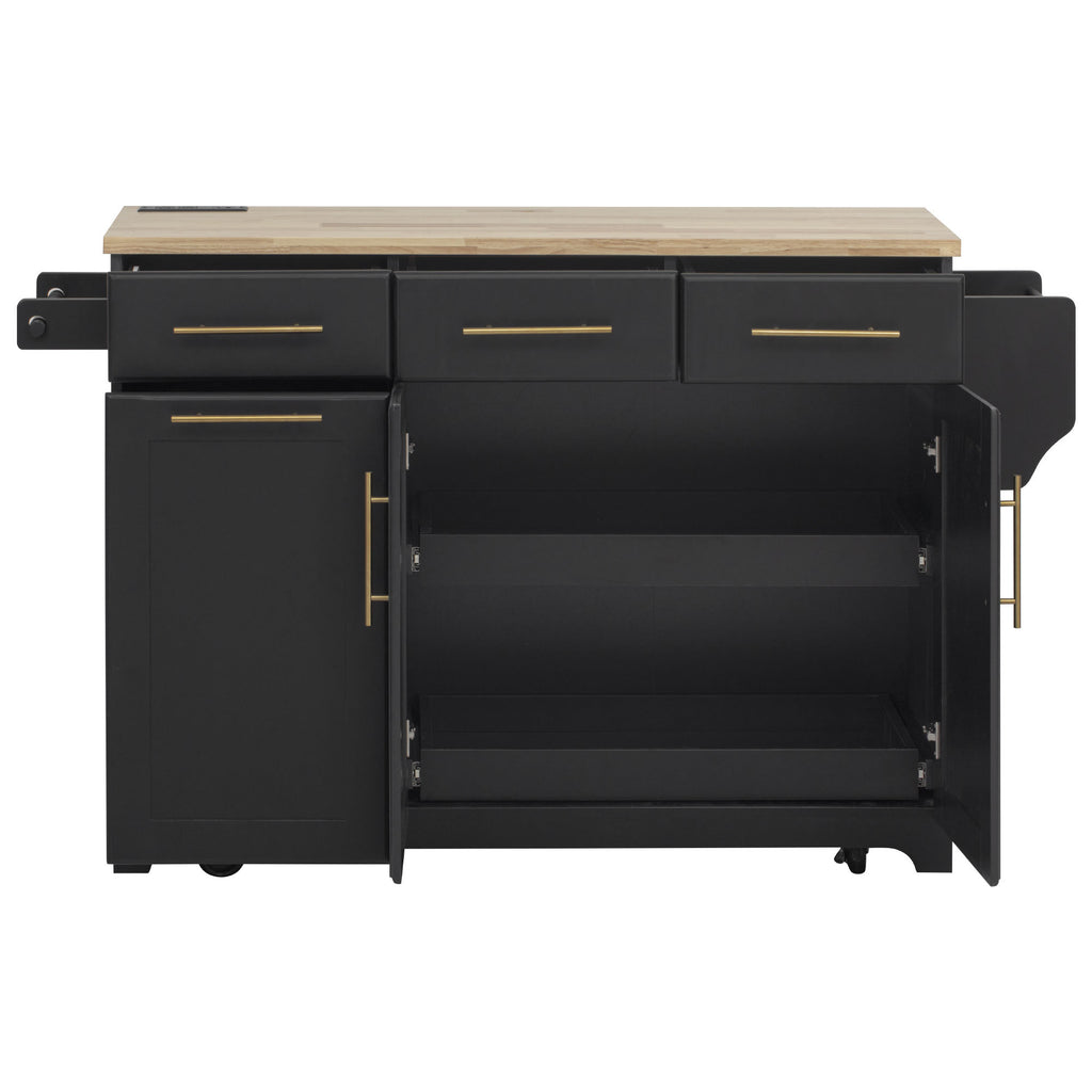 K&K 59.3' Kitchen Island with Storage 2 Pull Out Cabinet Organizers & Rubber Wood Drop Leaf, Rolling Kitchen Island with Trash Can Storage, Power Outlet, Spice & Towel Rack for Kitchen, Dining, Black - Grand Goldman Shop