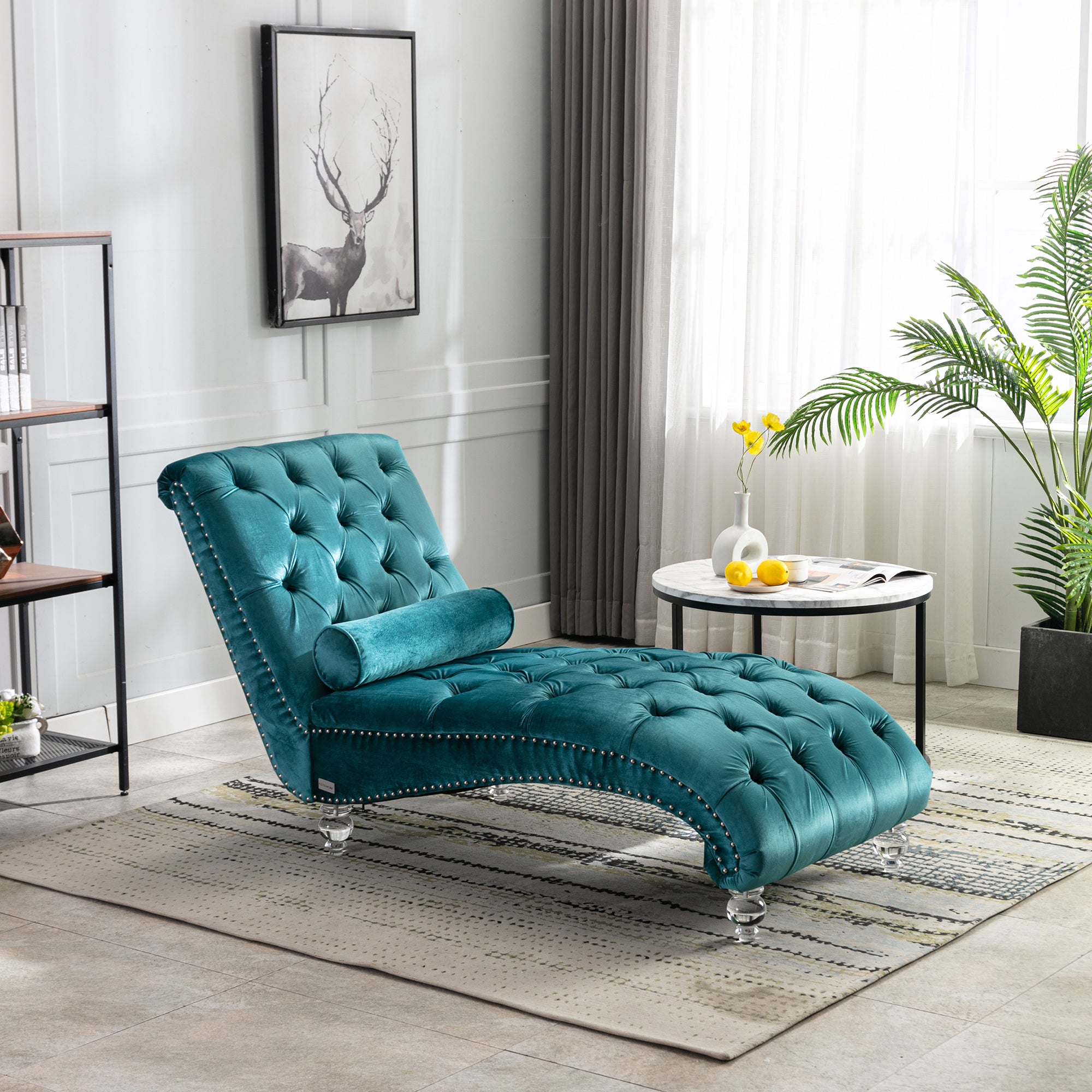 Velvet Chaise Lounge Indoor, Button-Tufted Upholstered Chaise Lounge Chair with Pillow, Teal Velvet, 63.38 inch - Grand Goldman Shop