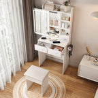 Space-Saving White Makeup Vanity Desk with Mirror & Adjustable LED Lights, Built-in Power Outlet, Hidden Storage, Includes Stool & Shelf - Grand Goldman Shop