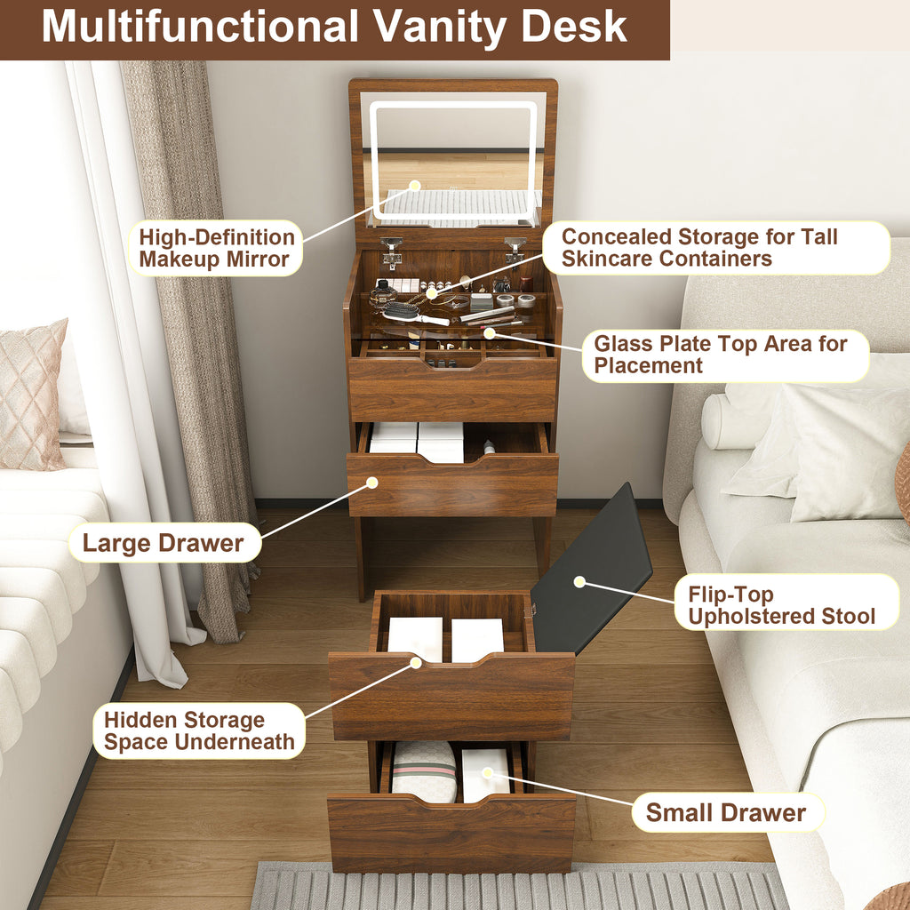 3-in-1 Vanity Desk with Lighted Mirror & Stool, Flip Top Makeup Dressing Table in Walnut Finish, Compact Storage for Bedroom or Bathroom - Grand Goldman Shop