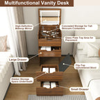 3-in-1 Vanity Desk with Lighted Mirror & Stool, Flip Top Makeup Dressing Table in Walnut Finish, Compact Storage for Bedroom or Bathroom - Grand Goldman Shop