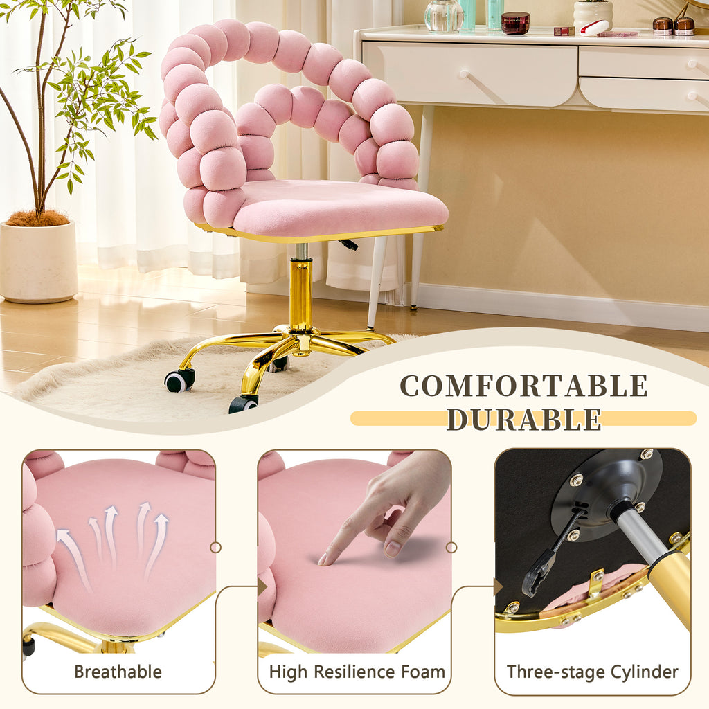 Pink Velvet Bubble Vanity Chair with Gold Base, 360° Swivel Height Adjustable Ergonomic Accent Chair, Cute Rolling Desk Chair