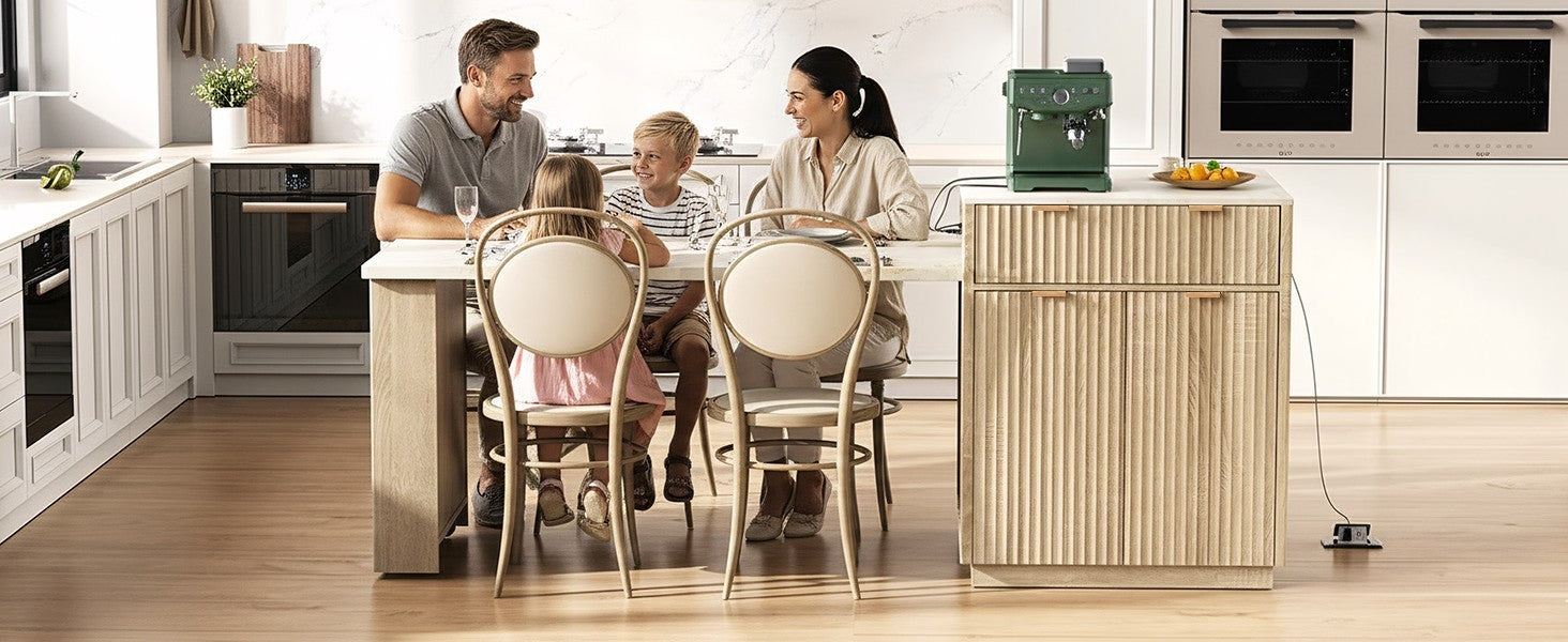 K&K 82.6' Fluted Kitchen Island with Extendable Dining Table for 4-6, Island Table for Kitchen with Power Outlet, Kitchen Table with Double-Side Storage, 2 Drawers 2 Side Open Shelves, Natural - Grand Goldman Shop