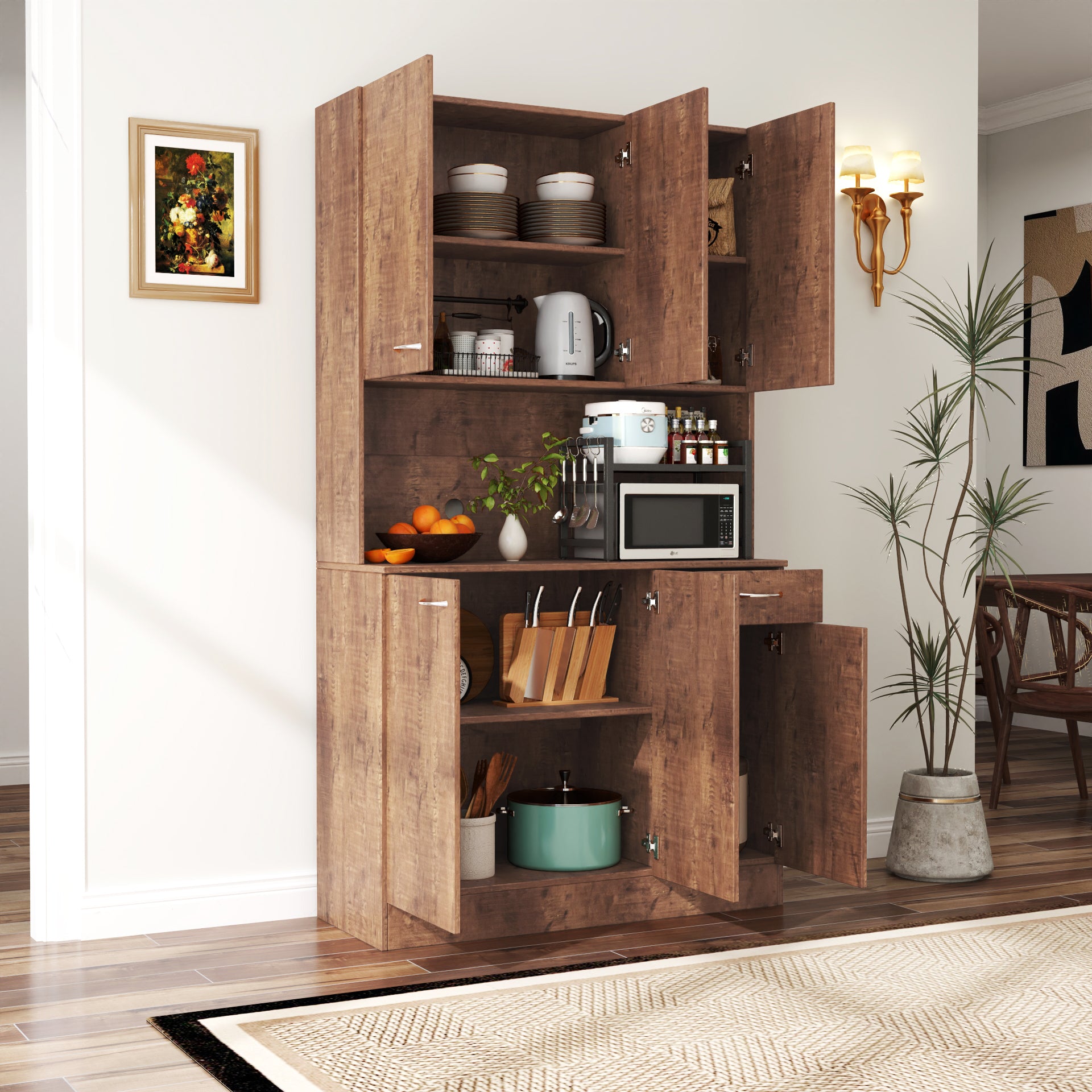 70.87' Tall Wardrobe& Kitchen Cabinet, with 6-Doors, 1-Open Shelves and 1-Drawer for bedroom,Walnut - Grand Goldman Shop