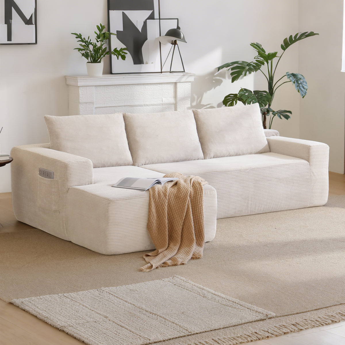 96.9''Cloud Sectional Couch with L-Shaped Chaise,Modern Modular Sofa with Deep Seat, Upholstered Couches for Living Room Bedroom,No Assembly Required,(Corduroy Fabric),White - Grand Goldman Shop