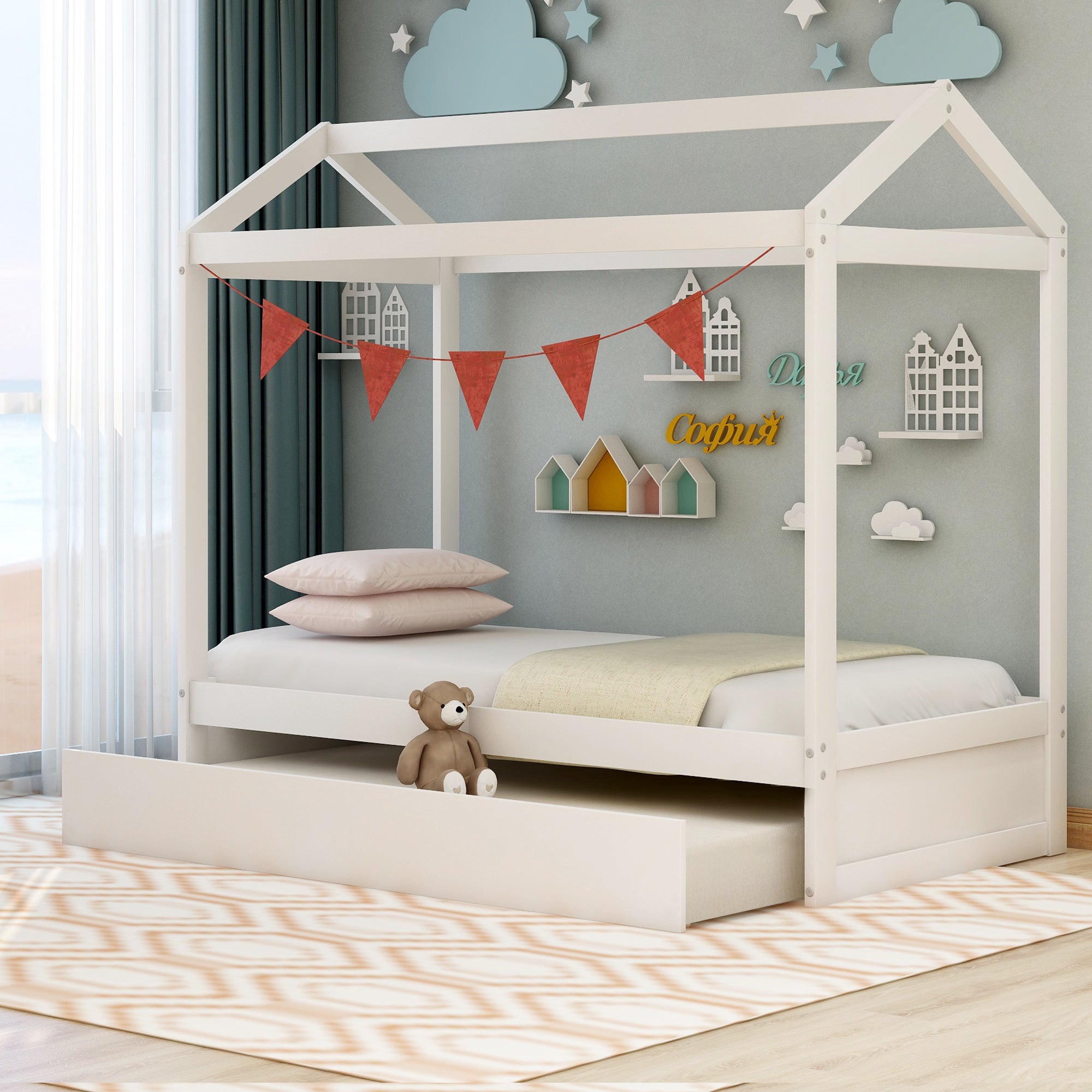 House Bed with Trundle in White, Pine Wood and MDF, Twin Size, Pre-Drilled Holes for Easy Assembly - Grand Goldman Shop