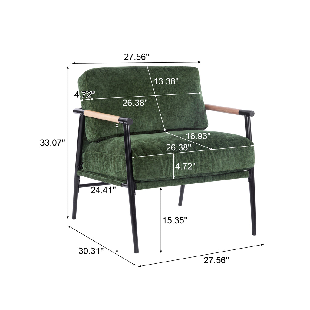 Modern Accent Chair with Plush Cushions, Minimalist Metal Frame, Wooden Armrest Design, Green - Grand Goldman Shop