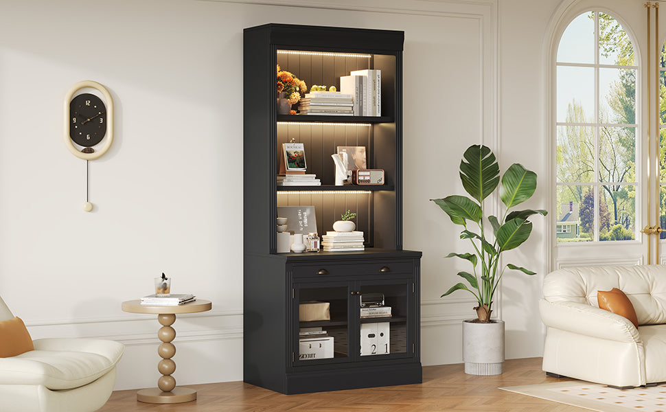 83.4'Tall Bookshelf with 3 pieces LED Lighting, Modern Bookcase with 2 Glass Doors and 1 Drawer,Storage Bookcase with Open Sh