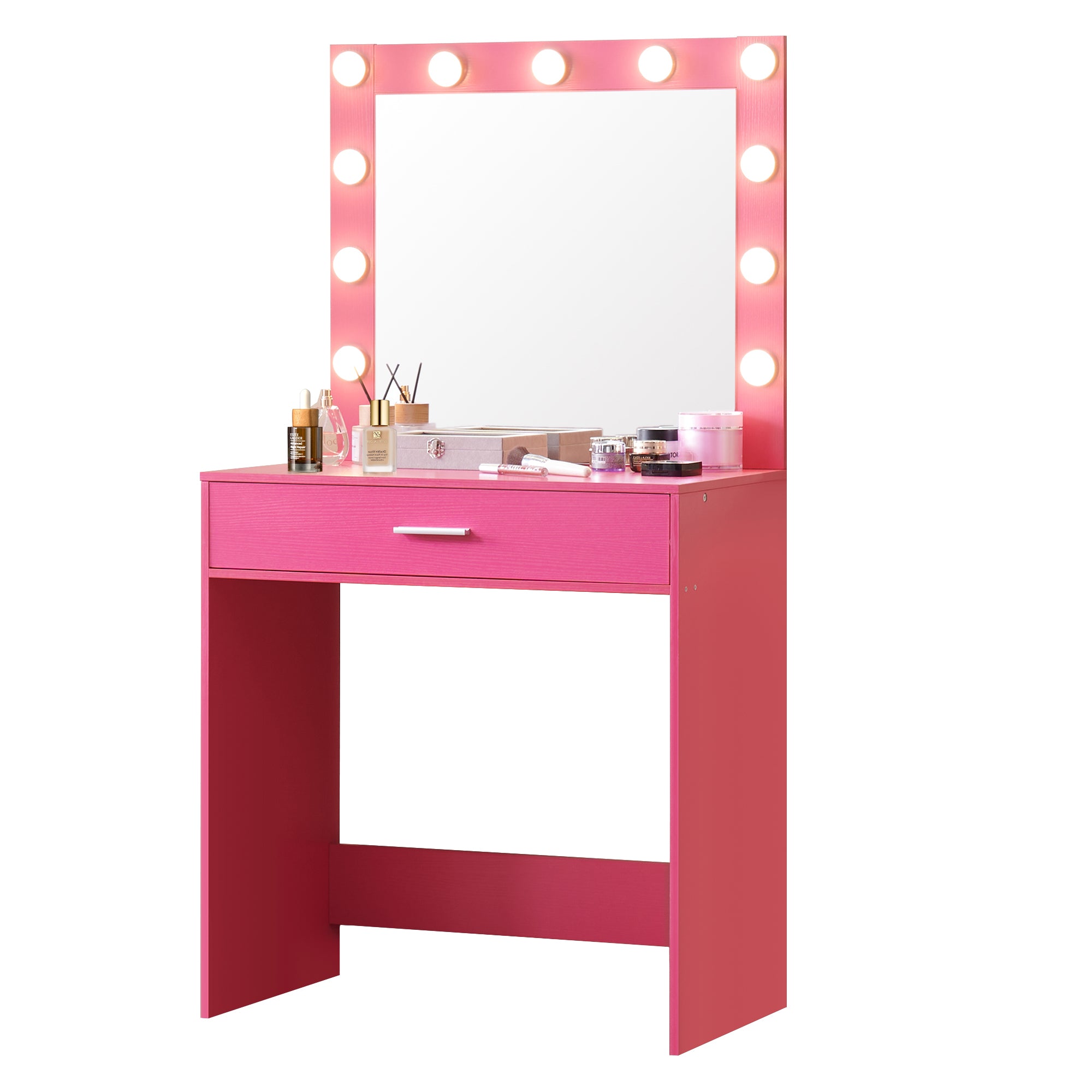 Vanity Desk with Mirror and Lights, Dressing Table with Large Drawer, 1 Level Storage Dresser & 3 Lighting Modes Adjustable Brightness, Suitable for Bedroom(Pink) - Grand Goldman Shop