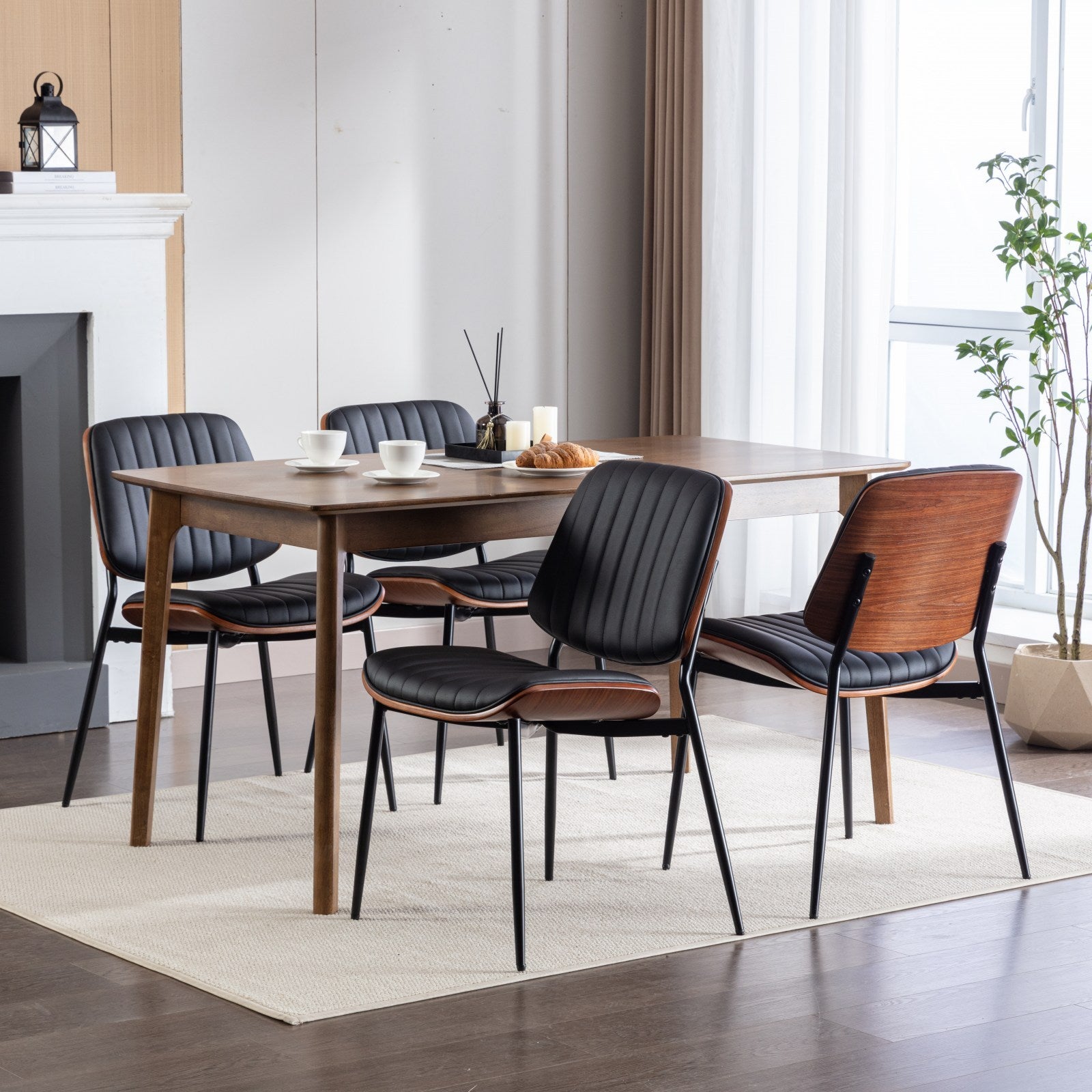 A&A Furniture, Dining Chairs Set of 2 Mid Century Modern Retro Faux Leather Chair with Walnut Bentwood Back Upholstered Seat Metal Legs Adjustable Foot for Kitchen Dining Room Chairs(Black PU) - Grand Goldman Shop