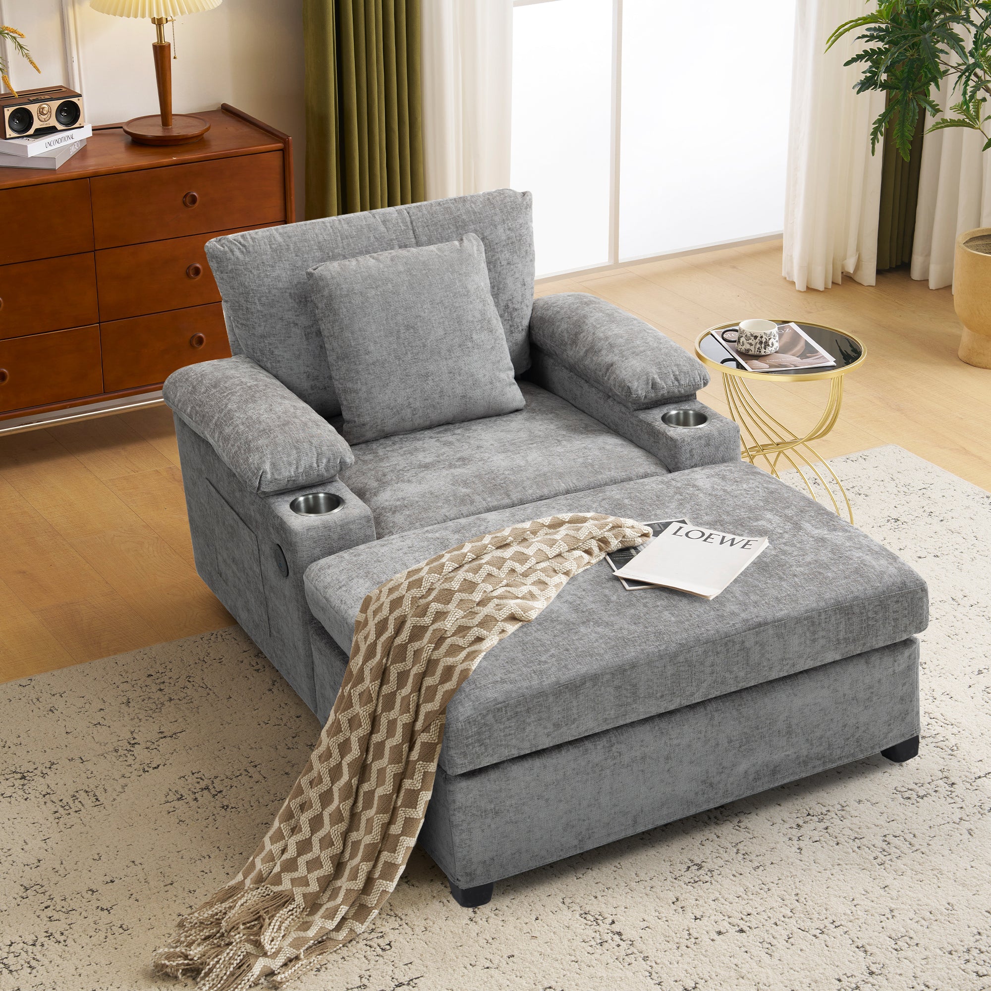 Modern Oversized Chair with Ottoman,Chenille Fabric Sofa Bed,Accent Chair Comfy Sofa with Cupholders and USB Charging Ports Chair for Living Room,Bedroom,Apartment - Grand Goldman Shop