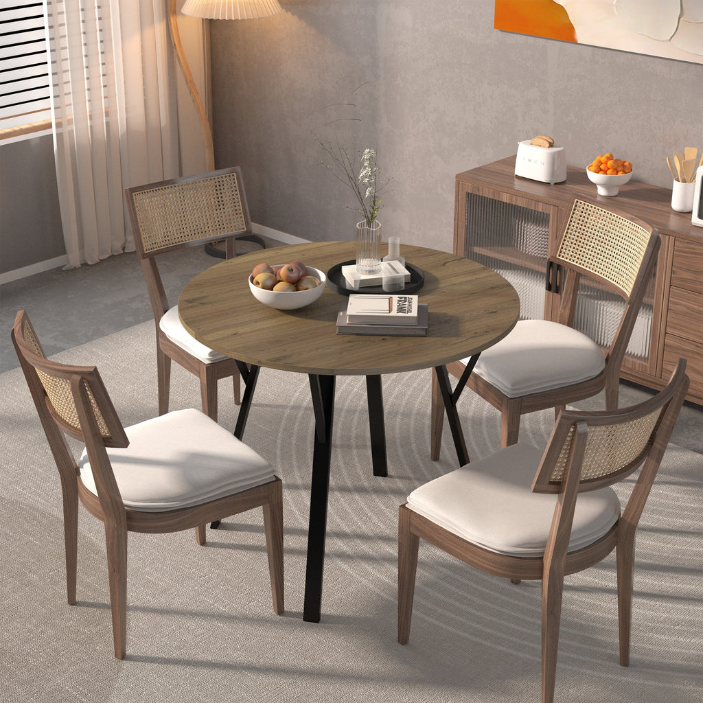 Modern Round Dining Table, Rustic Brown MDF Top with Black Metal Legs, 35.43 Inch Diameter for 2-4 People - Grand Goldman Shop