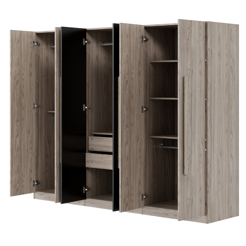 6-Doors Wooden Wardrobe Storage for Bedroom,with 2 Drawers Inside,Black+Nature - Grand Goldman Shop