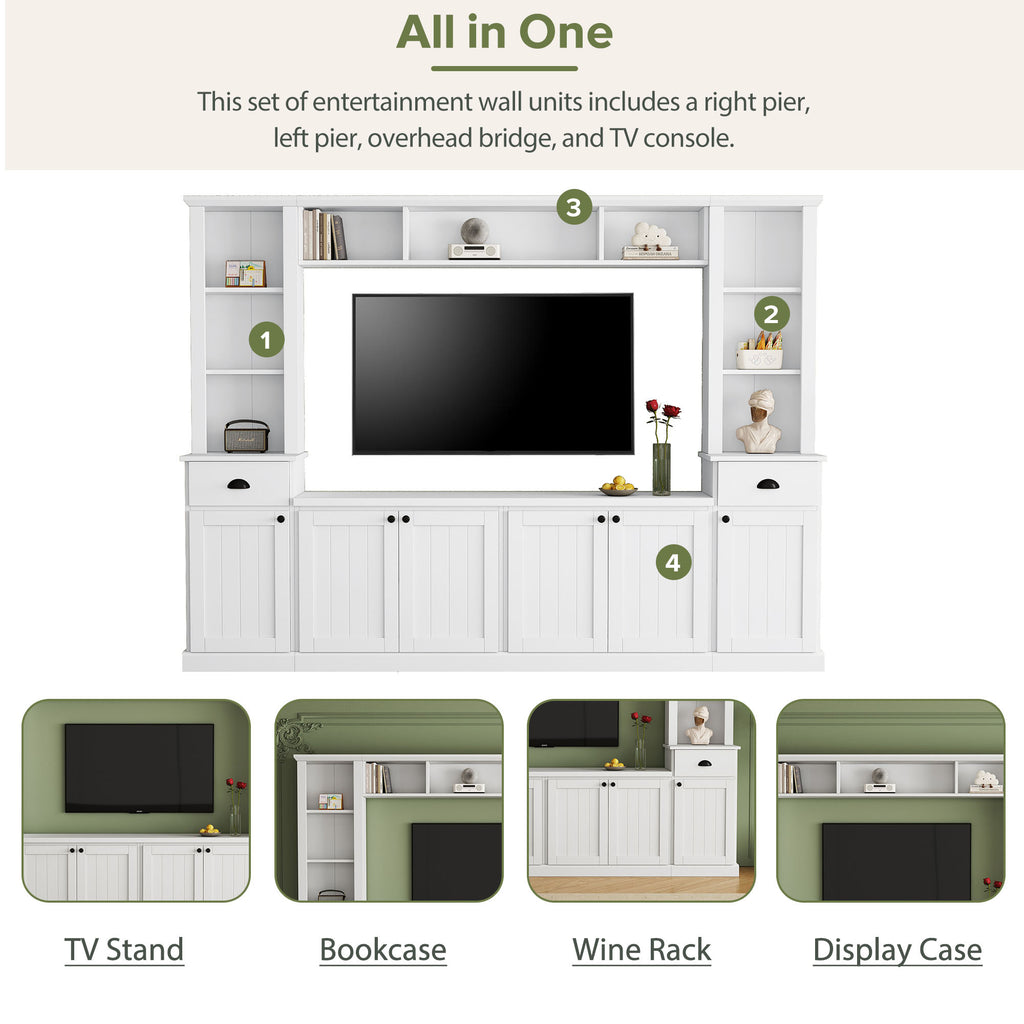 Minimalist Entertainment Wall Unit Set with Bridge for TVs Up to 75'', Ample Storage Space TV Stand with Adjustable Shelves, Modernist Large Media Console for Living Room, White - Grand Goldman Shop