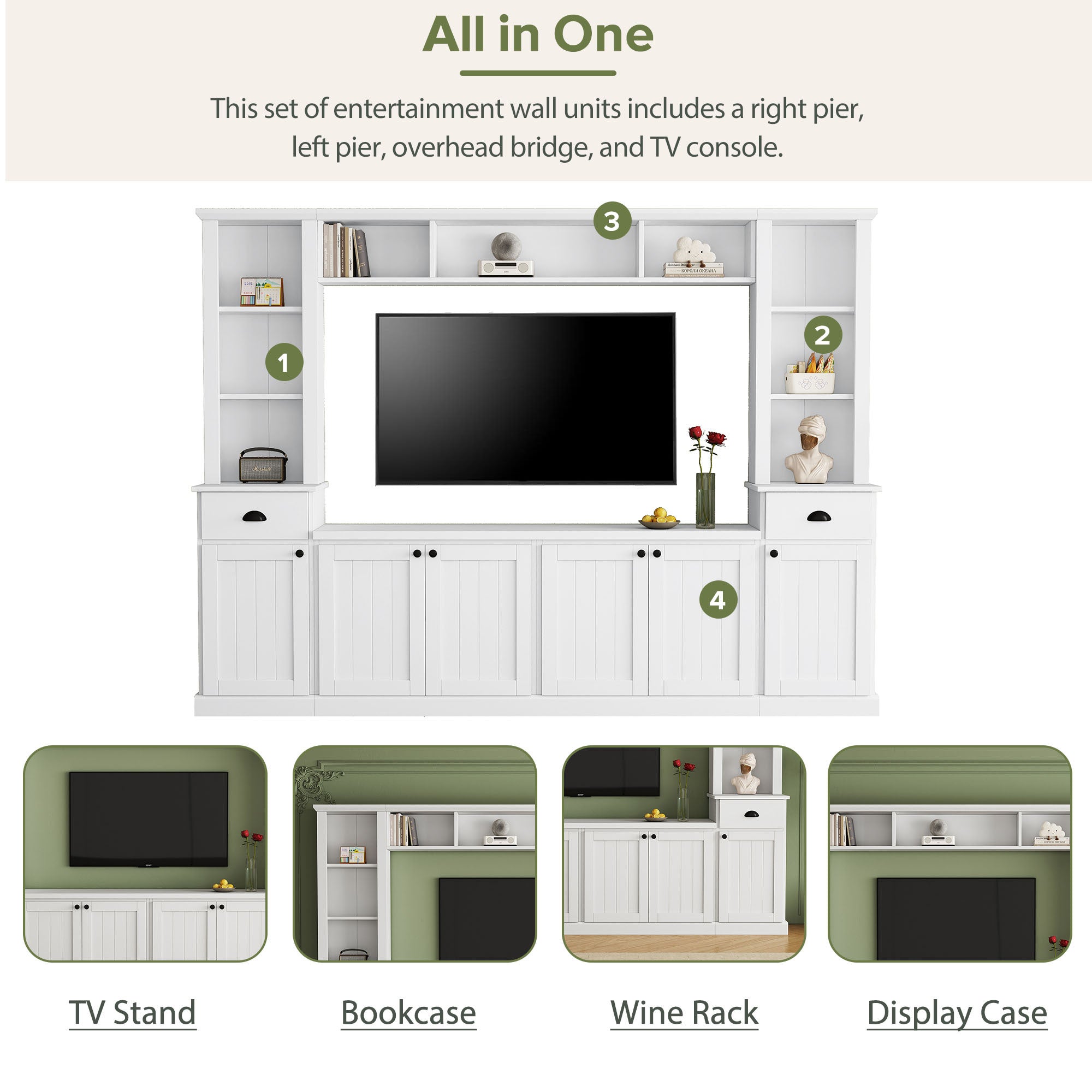 Minimalist Entertainment Wall Unit Set with Bridge for TVs Up to 75'', Ample Storage Space TV Stand with Adjustable Shelves, Modernist Large Media Console for Living Room, White - Grand Goldman Shop