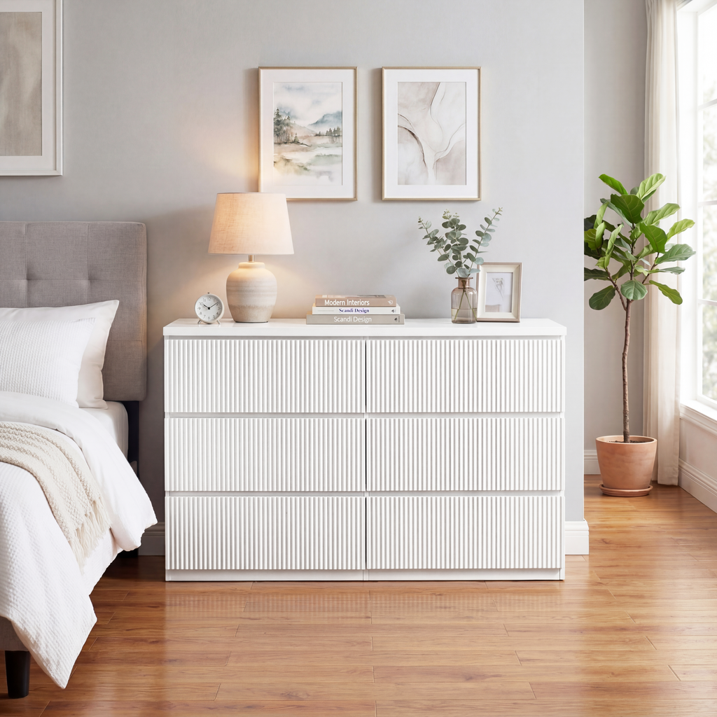 Modern White 6 Drawer Dresser, Wave Panel Drawer Fronts, Storage Cabinet, Versatile Chest of Drawers for Bedroom, Living Room - Sleek & Spacious Home Storage Solution - Grand Goldman Shop