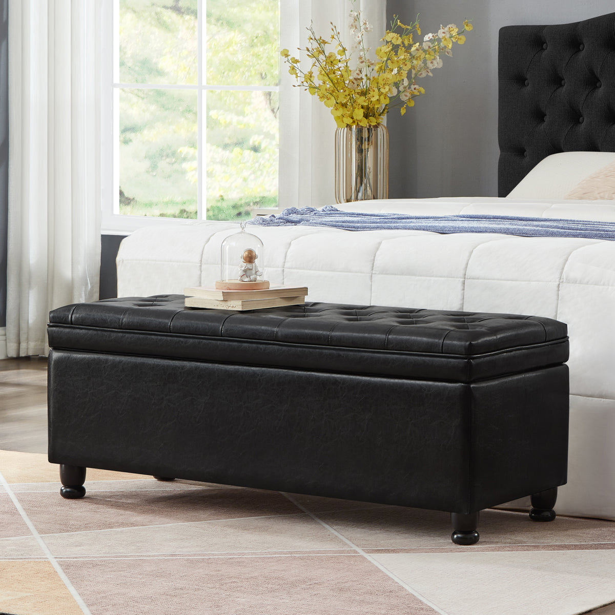 Upholstered tufted button storage bench ,Faux leather entry bench with spindle wooden legs, Bed bench- Black - Grand Goldman Shop