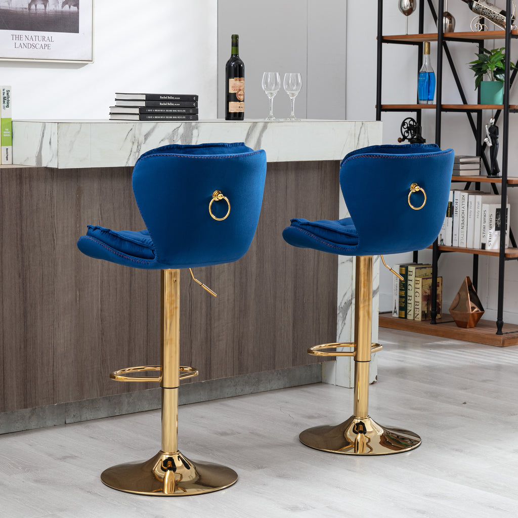 Set of 2  Bar Stools,with Chrome Footrest and Base Swivel Height Adjustable Mechanical Lifting Velvet + Golden Leg Simple Bar Stool-blue - Grand Goldman Shop