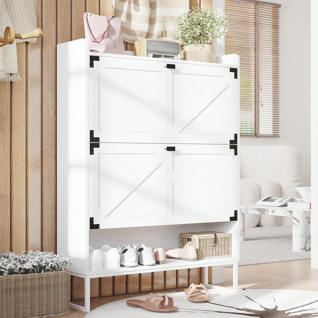 Shoe Cabinet with 2 Flip Drawers,Shoe Storage Cabinet for Entryway,Freestanding Shoe Cabinet Organizer with Open Storage,Narrow Farmhouse Shoe Rack with Metal Corner Decoration Legs,White - Grand Goldman Shop