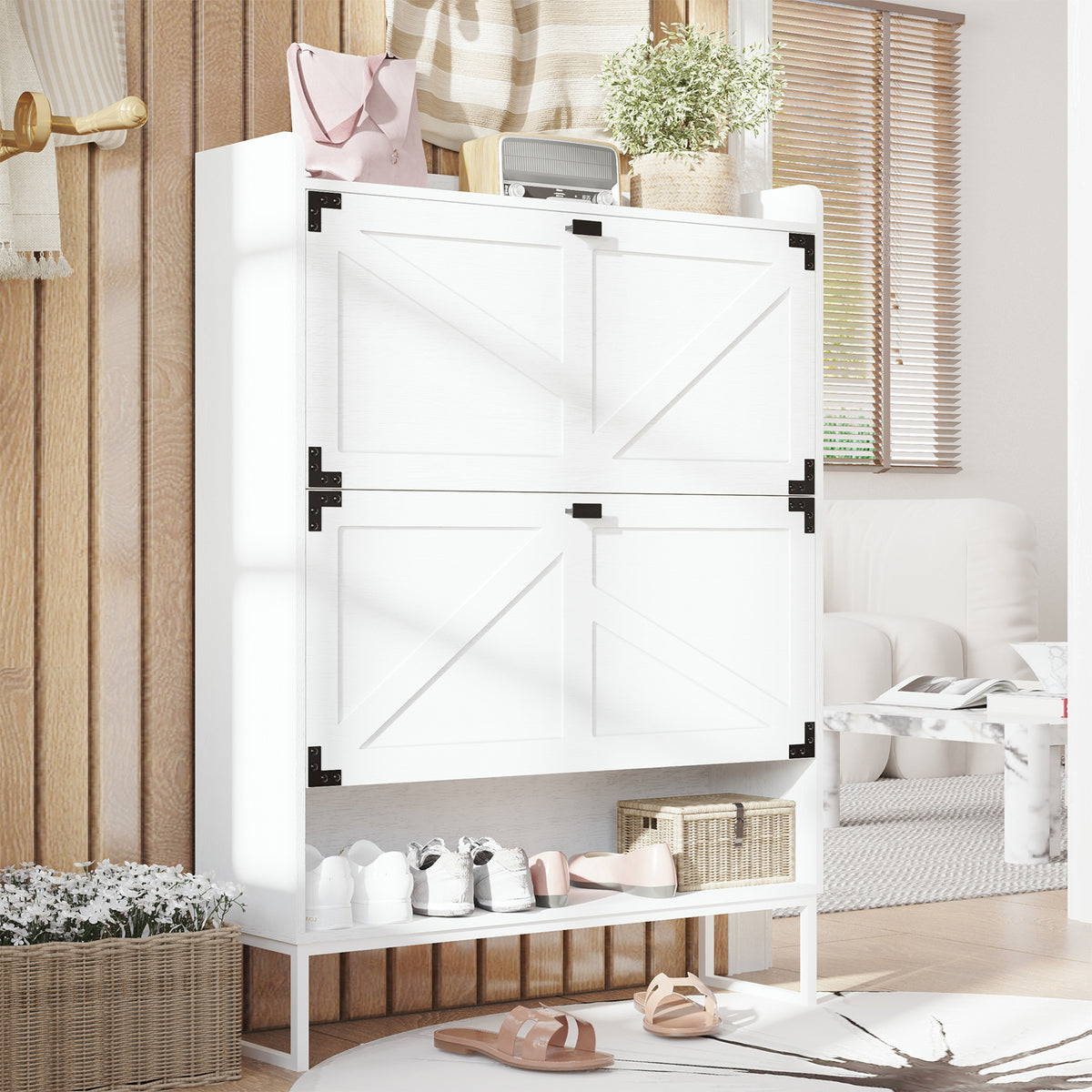 Shoe Cabinet with 2 Flip Drawers,Shoe Storage Cabinet for Entryway,Freestanding Shoe Cabinet Organizer with Open Storage,Narrow Farmhouse Shoe Rack with Metal Corner Decoration Legs,White - Grand Goldman Shop
