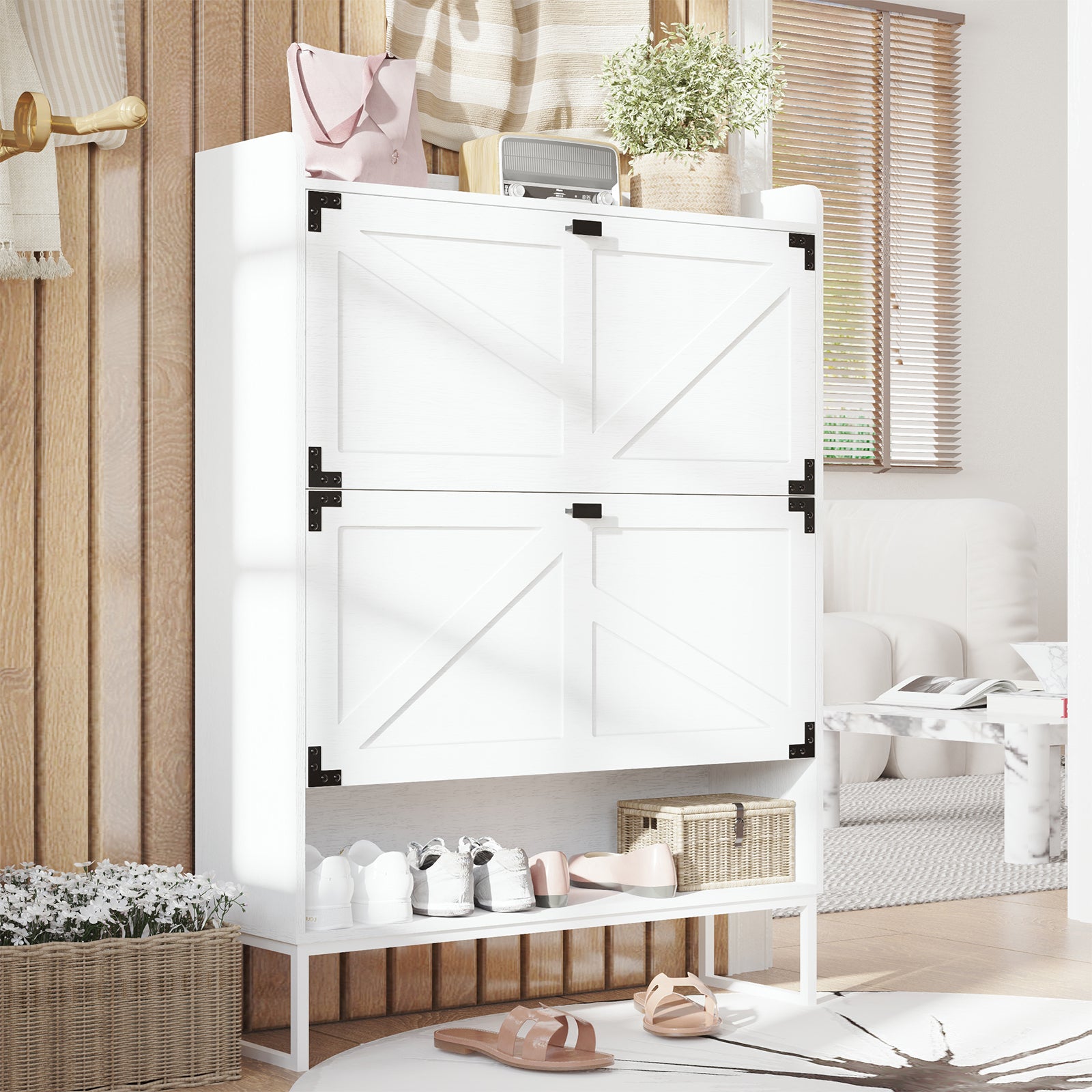 Shoe Cabinet with 2 Flip Drawers,Shoe Storage Cabinet for Entryway,Freestanding Shoe Cabinet Organizer with Open Storage,Narrow Farmhouse Shoe Rack with Metal Corner Decoration Legs,White - Grand Goldman Shop