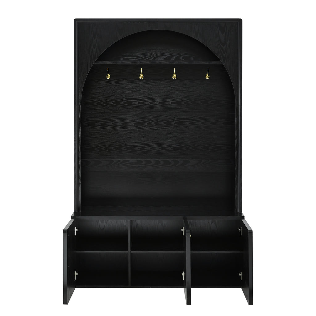 ON-TREND Farmhouse All-in-One Hall Tree with Adjustable Shelves, Retro Arched Entryway Storage Bench with 3 Cabinets, Wooden Coat Rack Organizer with 4 Golden Hooks for Mudroom, Hallway, Black - Grand Goldman Shop