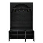 ON-TREND Farmhouse All-in-One Hall Tree with Adjustable Shelves, Retro Arched Entryway Storage Bench with 3 Cabinets, Wooden Coat Rack Organizer with 4 Golden Hooks for Mudroom, Hallway, Black - Grand Goldman Shop
