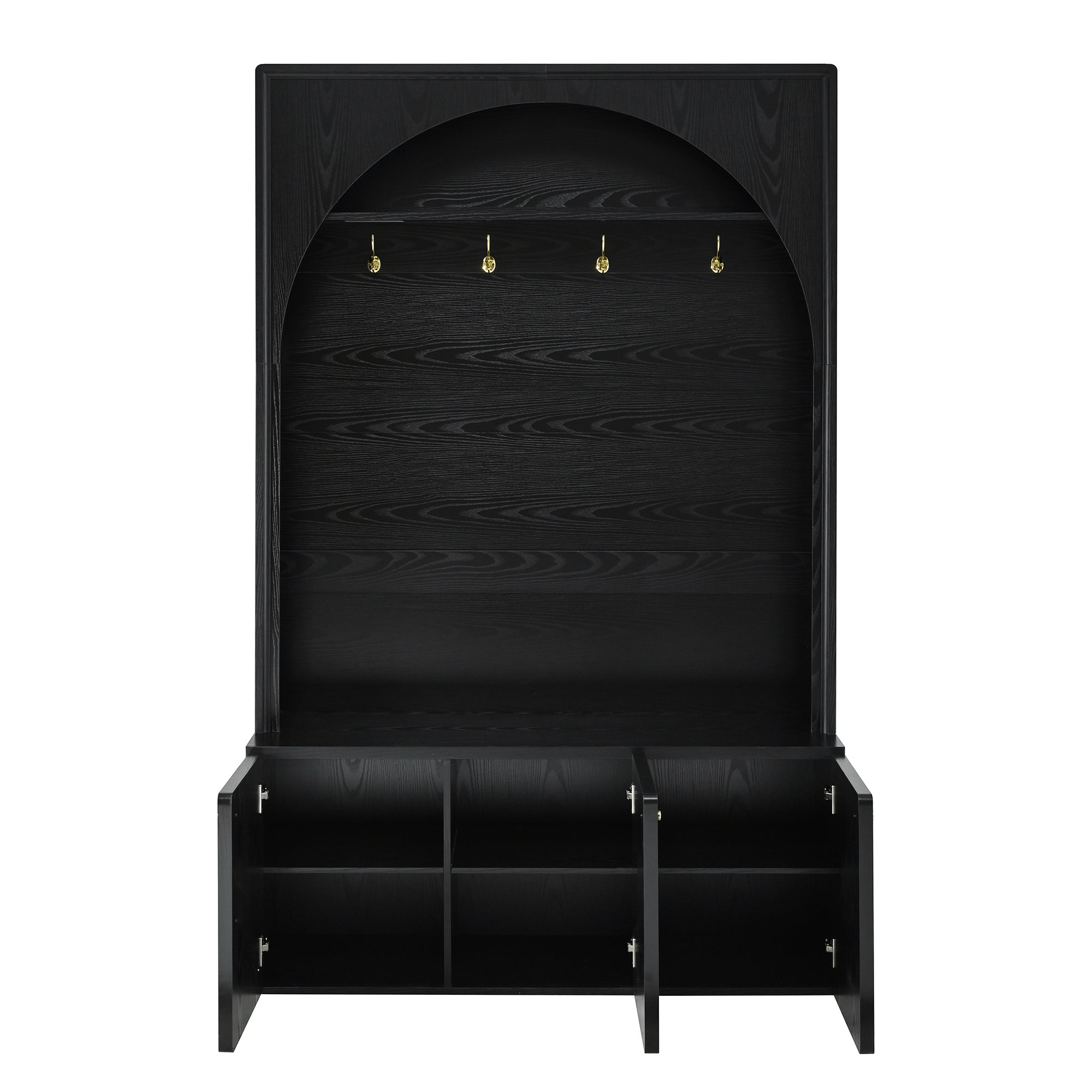 ON-TREND Farmhouse All-in-One Hall Tree with Adjustable Shelves, Retro Arched Entryway Storage Bench with 3 Cabinets, Wooden Coat Rack Organizer with 4 Golden Hooks for Mudroom, Hallway, Black - Grand Goldman Shop
