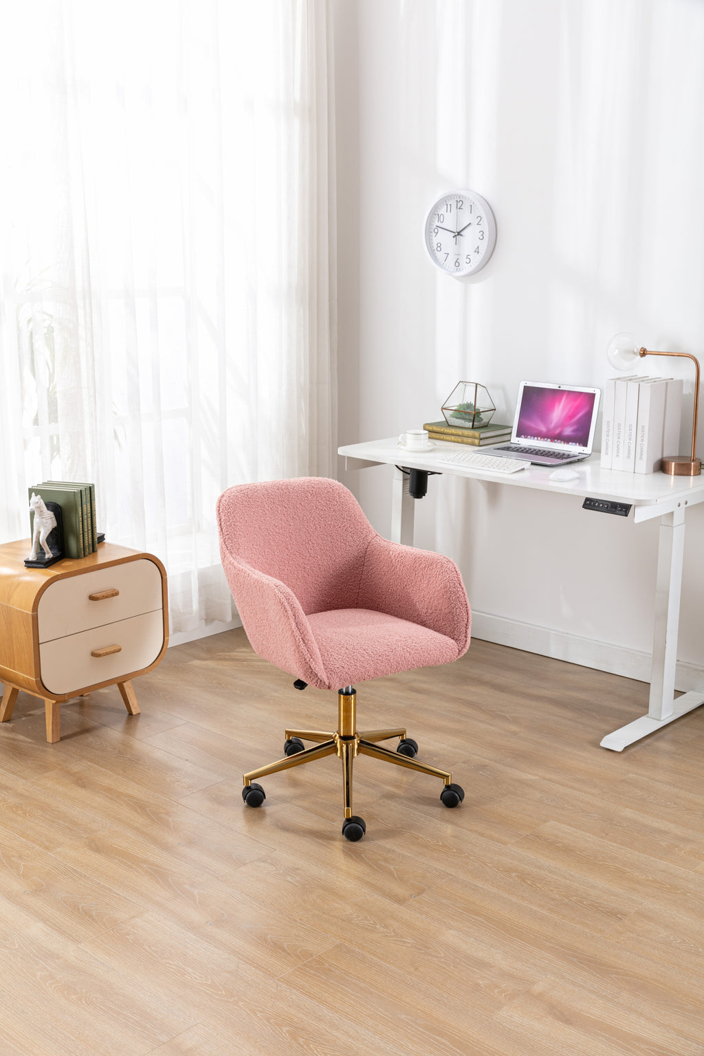 Modern Teddy Fabric Material Adjustable Height 360 Revolving Home Office Chair With Gold Metal Legs And Universal Wheel For I