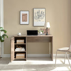 Home Office Desk Hazelnut One Cabinet Three Shelves Faux Barn Door on Metal Euro Hinges Modesty Panel | Premium Home Decor - 
