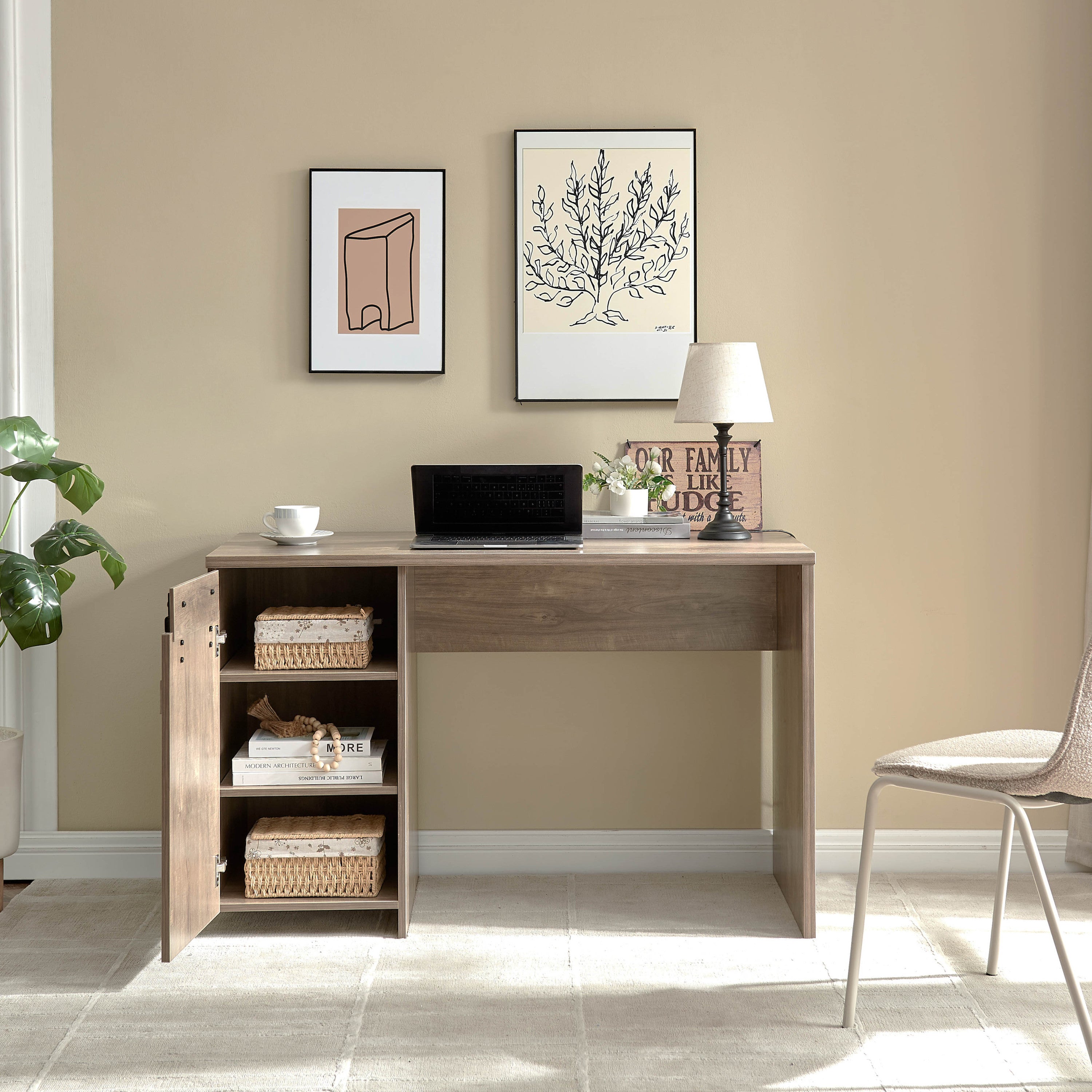 Home Office Desk Hazelnut One Cabinet Three Shelves Faux Barn Door on Metal Euro Hinges Modesty Panel | Premium Home Decor - 