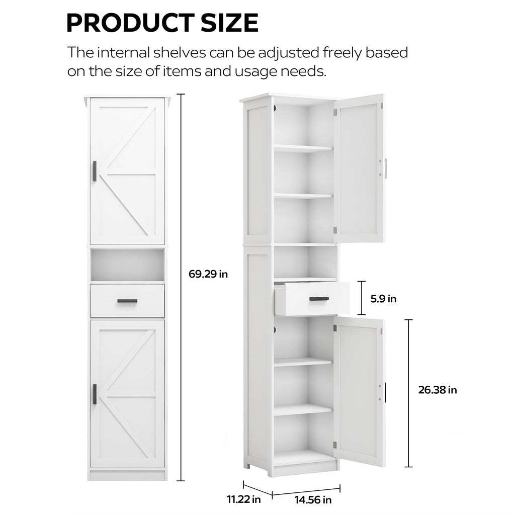 69' H Tall Bathroom Storage Cabinet with 2 Barn Doors and 1 Drawer, Narrow Storage Unit, Adjustable Shelves,Floor Cabinet for Bathroom, Living Room, Entryway,Kitchen,(White) - Grand Goldman Shop