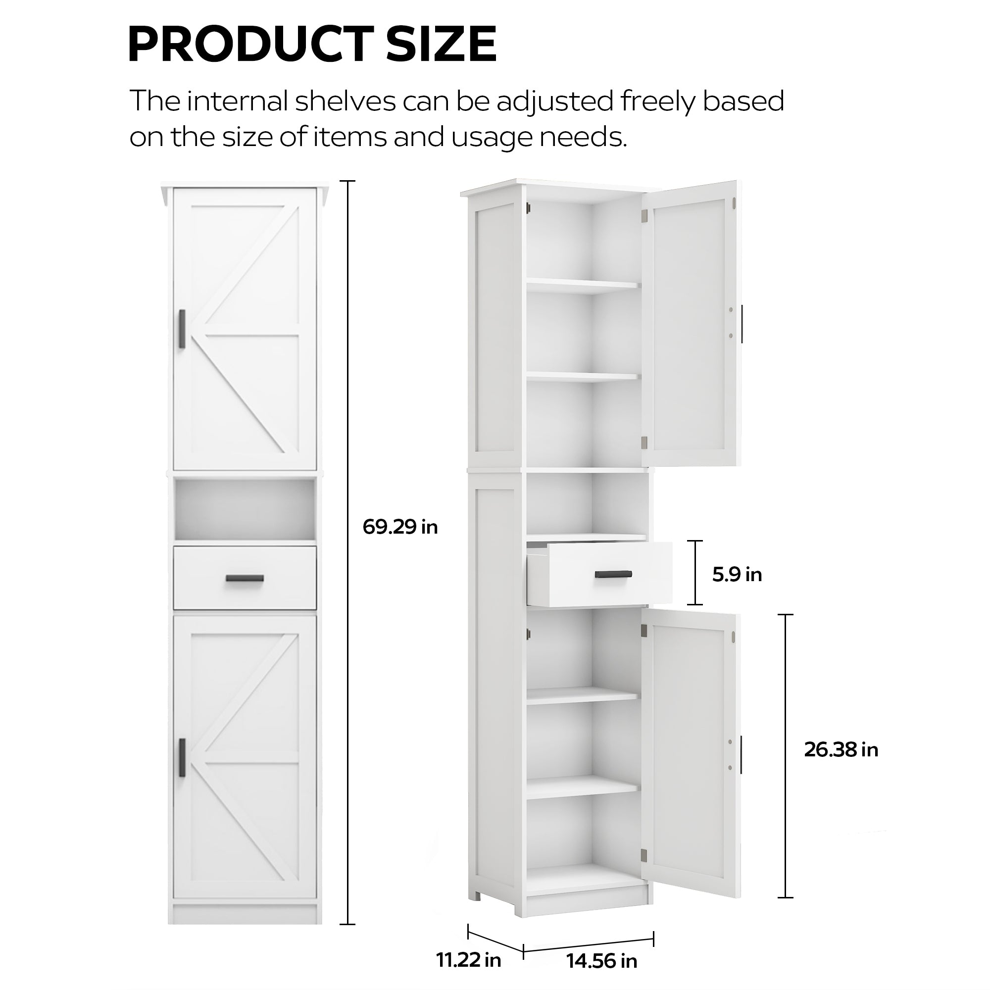 69' H Tall Bathroom Storage Cabinet with 2 Barn Doors and 1 Drawer, Narrow Storage Unit, Adjustable Shelves,Floor Cabinet for Bathroom, Living Room, Entryway,Kitchen,(White) - Grand Goldman Shop