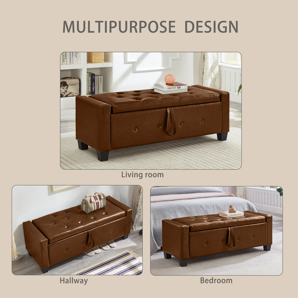 48' Ottoman Bench with Storage, Bench for Bedroom,Living Room,Hallway, Upholstered Tufted Faux Leather PU Ottoman Brown - Grand Goldman Shop