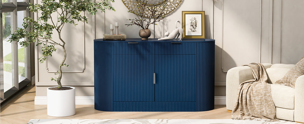 U_STYLE 55.1' Modern Storage Cabinet – 2 Doors & 2 Drawers, Stripe MDF Sideboard with Aluminum Handles, Curved Side Door & 3-Tier Shelves, Buffet Cabinet for Living Room, Bedroom, Dining Room - Grand Goldman Shop