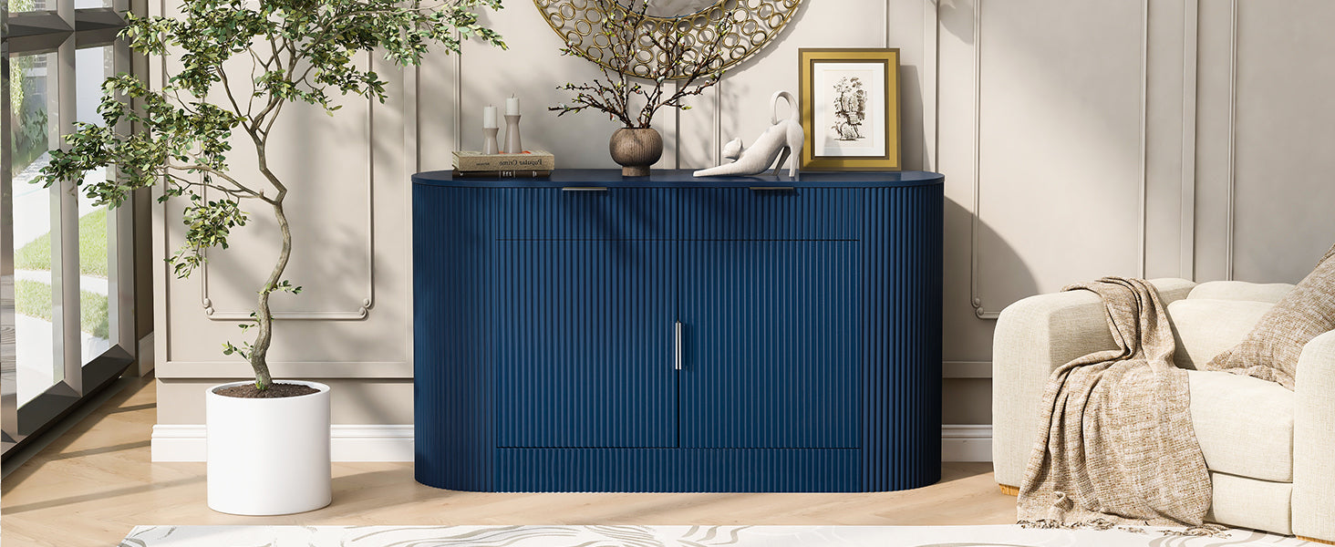 U_STYLE 55.1' Modern Storage Cabinet – 2 Doors & 2 Drawers, Stripe MDF Sideboard with Aluminum Handles, Curved Side Door & 3-Tier Shelves, Buffet Cabinet for Living Room, Bedroom, Dining Room - Grand Goldman Shop