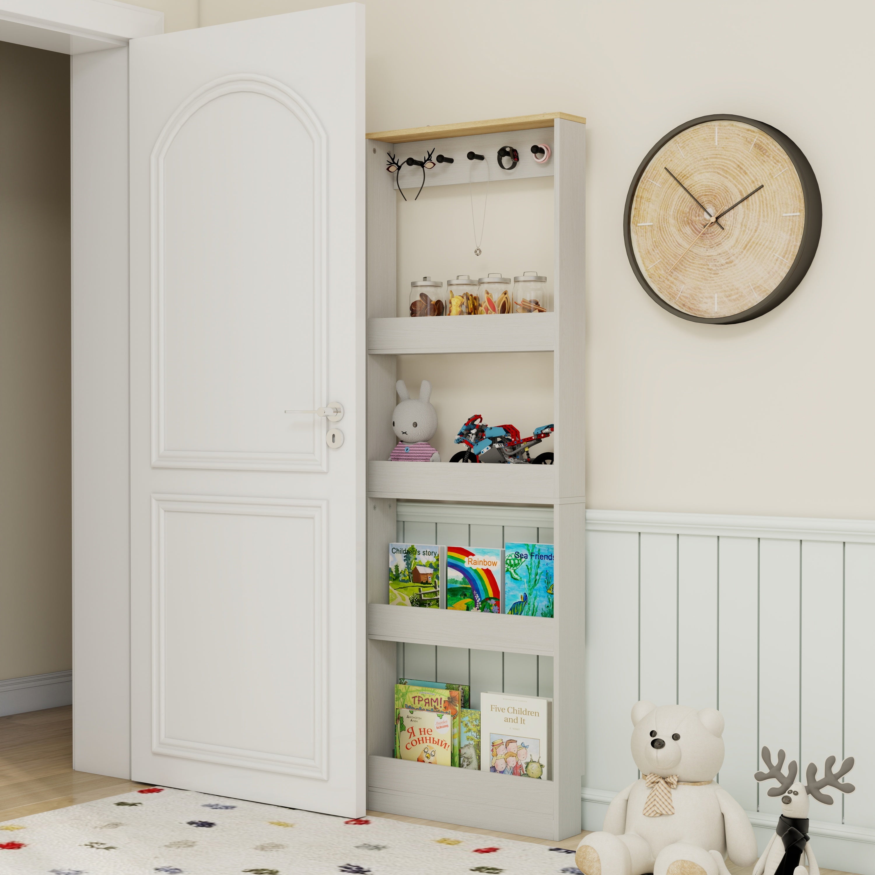 Behind The Door 69' Tall Bookcase with 4 Shelves and 5 hooks,  Space-Saving Narrow storage cabinet for Living Room, Children's Room, Study Room, Kitchen, Corridor-Antique White - Grand Goldman Shop