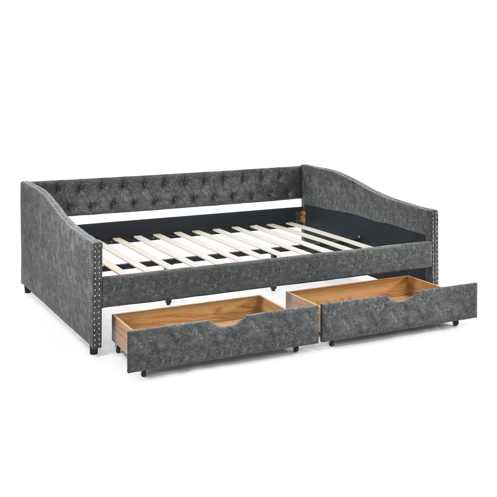Mid-Century Grey Upholstered Tufted Daybed with Drawers and Copper Nail Trim, Queen Size (84.5'x63.5'x26.5') - Grand Goldman Shop