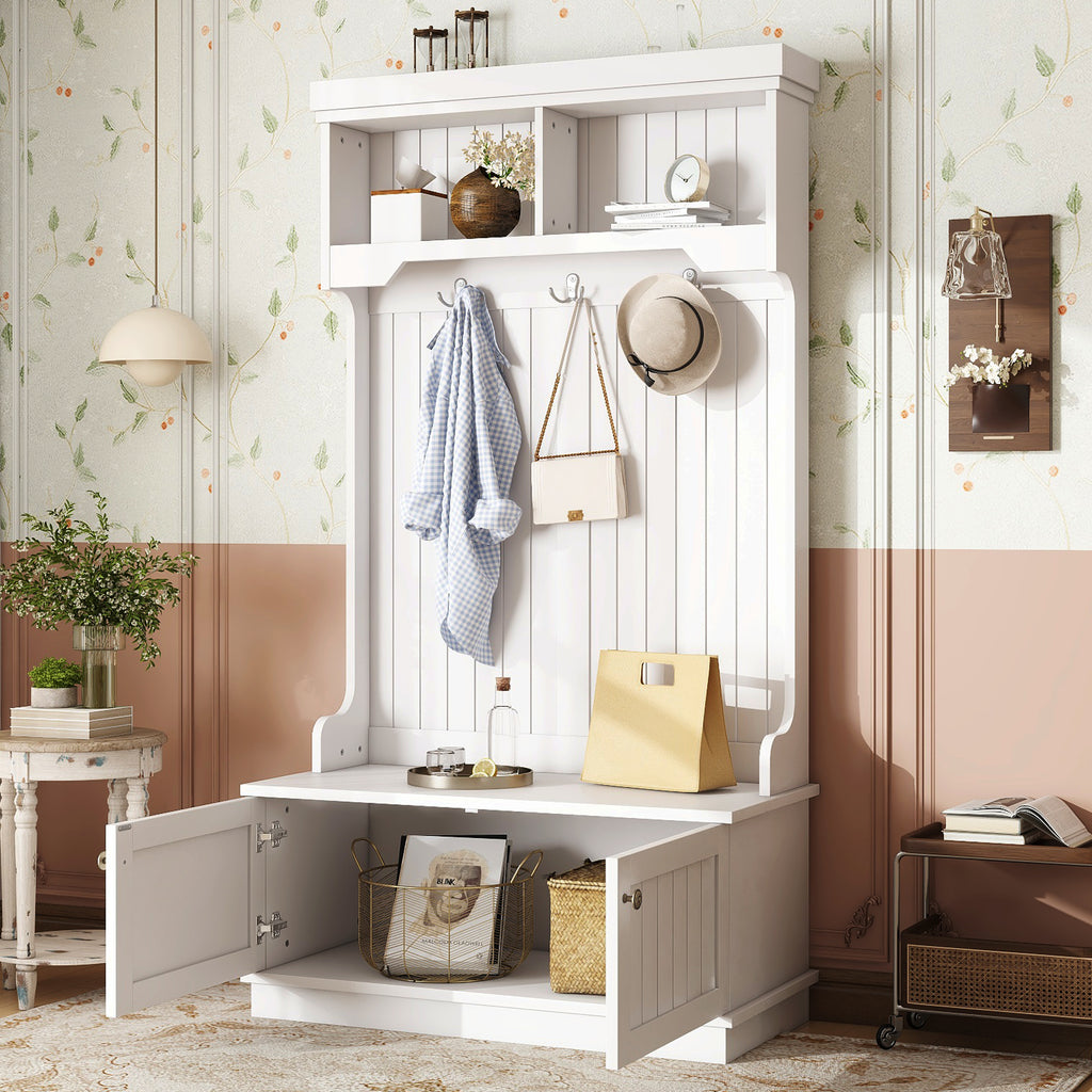 Hall Tree with Storage Shoe Bench for Entryway and Hallway, 4-in-1 Design Coat Racks with Hooks for Living Room, White - Grand Goldman Shop