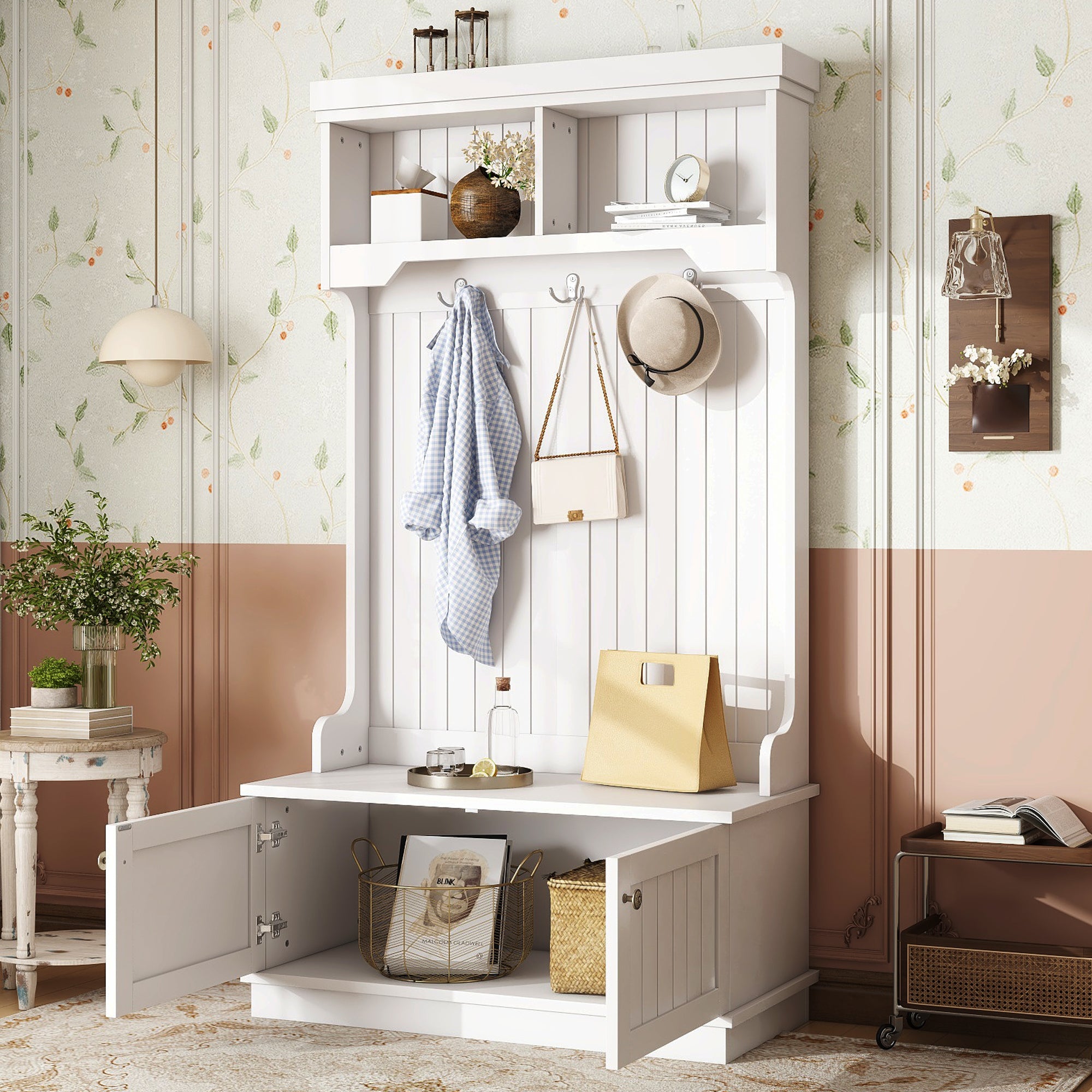 Hall Tree with Storage Shoe Bench for Entryway and Hallway, 4-in-1 Design Coat Racks with Hooks for Living Room, White - Grand Goldman Shop