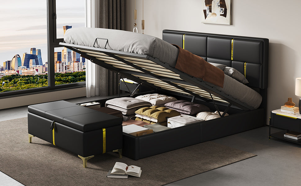 2-Pieces Bedroom Sets,Queen Size Upholstered Platform Bed with Hydraulic Storage System,Storage Ottoman with Metal Legs,Black(Old SKU:N733S207778B) - Grand Goldman Shop