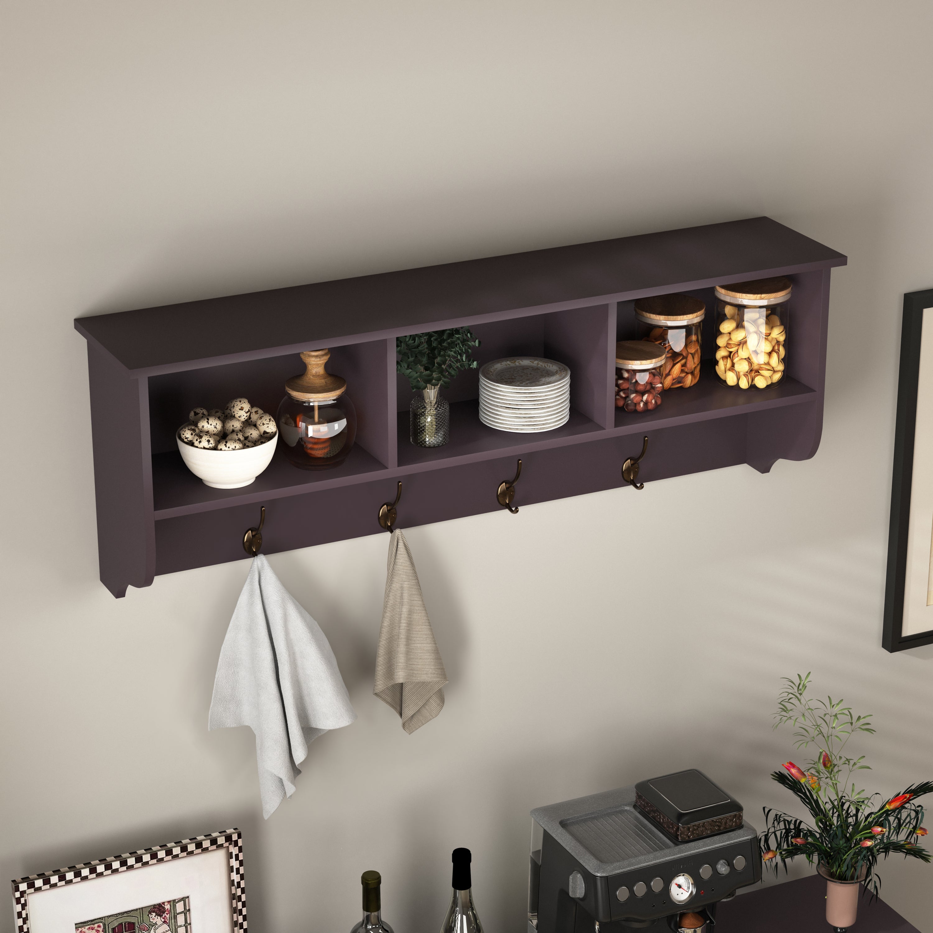 Espresso Entryway Wall Mounted Coat Rack with 4 Dual Hooks Living Room Wooden Storage Shelf - Grand Goldman Shop