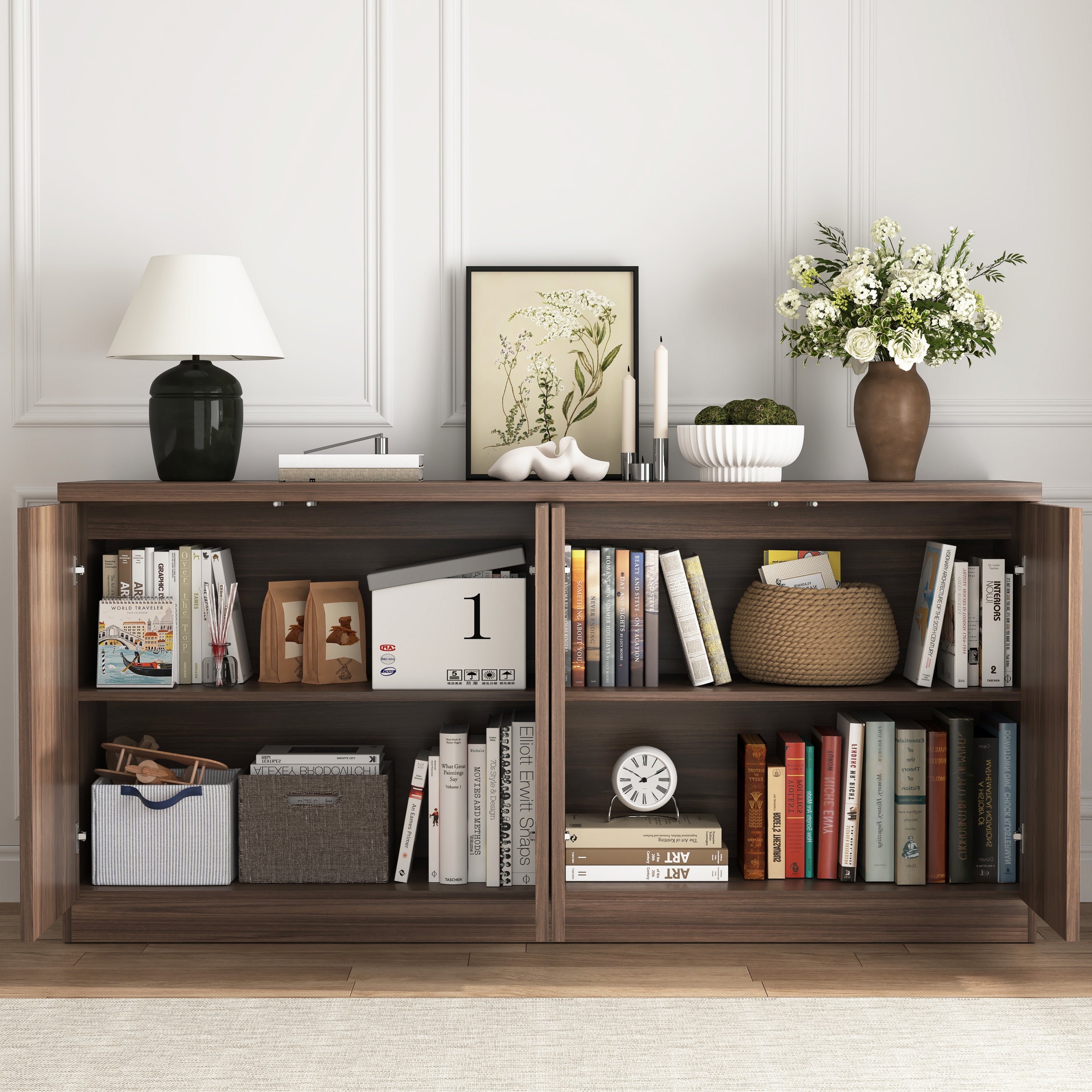 Buffet Cabinet with Storage, 62.60' Sideboard Cabinet with 4 Doors & Shelves, Wooden Kitchen Coffee Bar Credenza Storage for Living Room, Hallway Walnut - Grand Goldman Shop