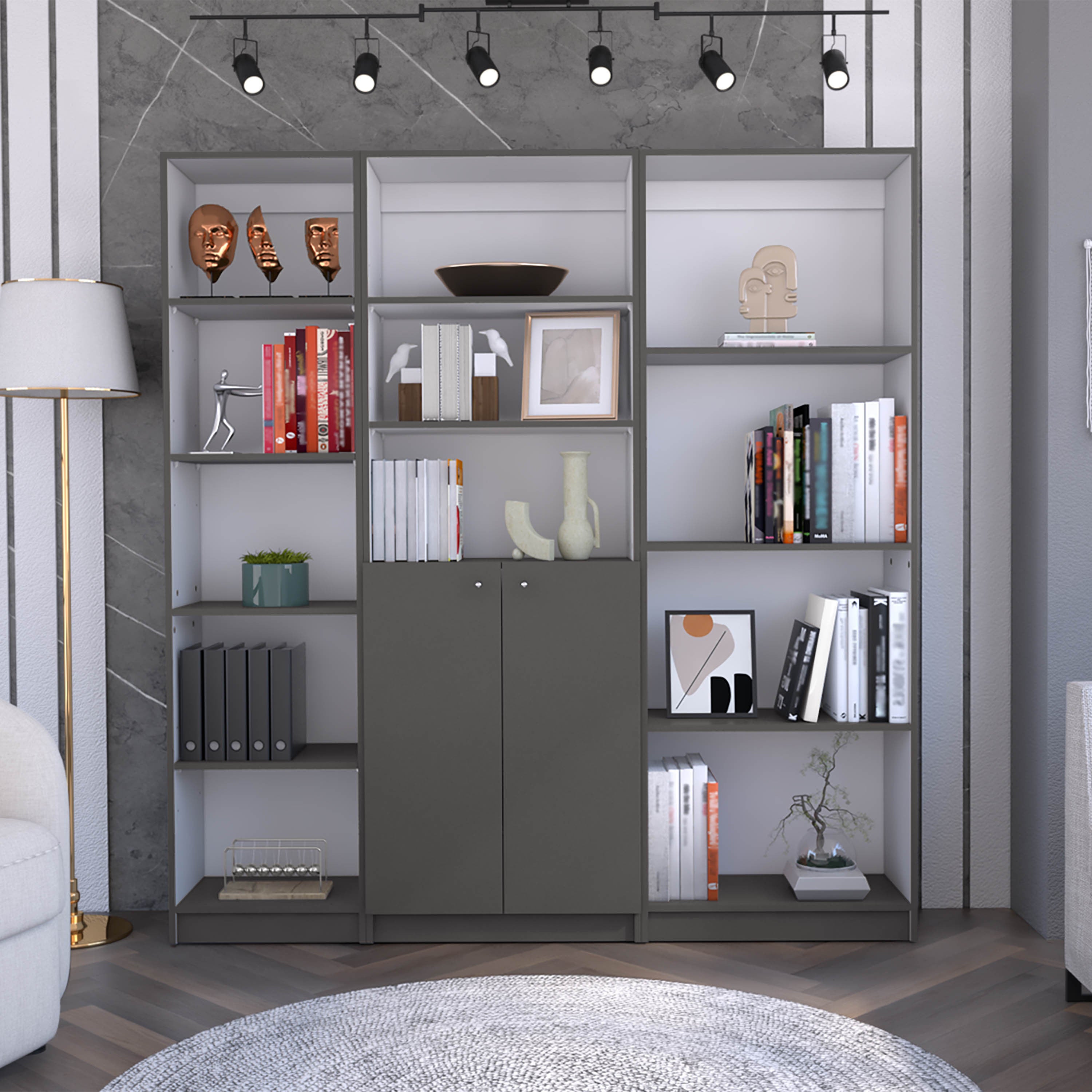 Poole 3 Piece Home Bookcase set, 67' Wide with 12 Shelves and 2-door Cabinet ,  Living Room Set  Matt Gray / White | Premium 