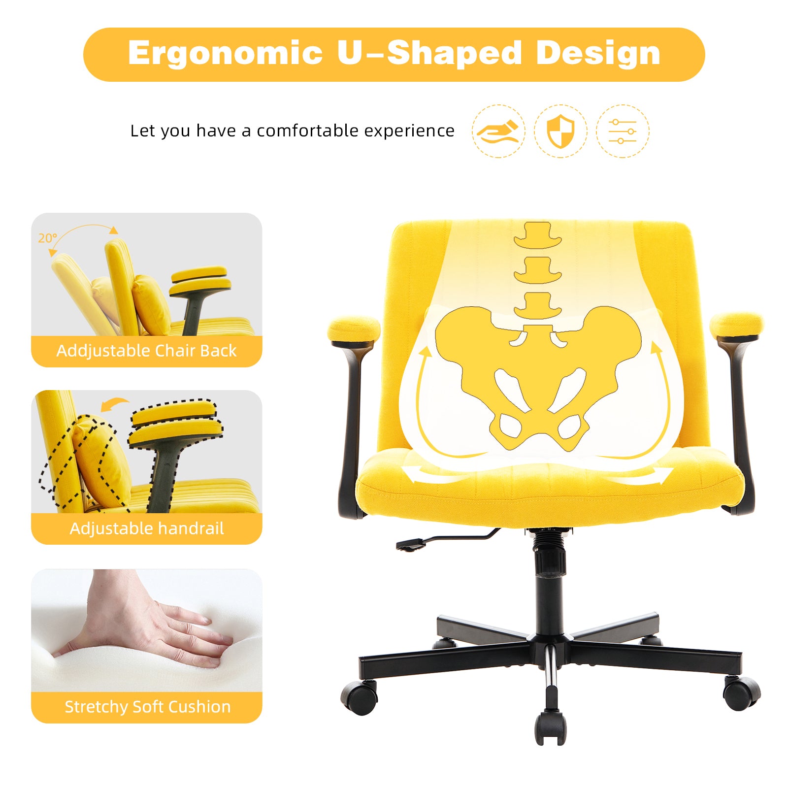 Modern Yellow Linen Criss Cross Armrest Office Chair with Wheels - Ergonomic Design for Home Office, Work & Study | Premium H