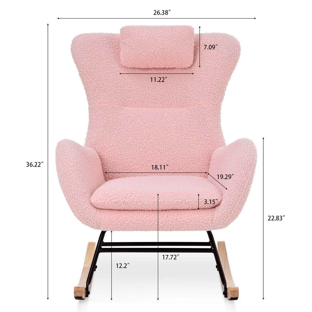 Rocking Chair Nursery, Teddy Upholstered Rocker Glider Chair with High Backrest, Adjustable Headrest & Pocket, Comfy Glider Chair for Nursery, Bedroom, Living Room, Offices, Rubber wood, pink - Grand Goldman Shop