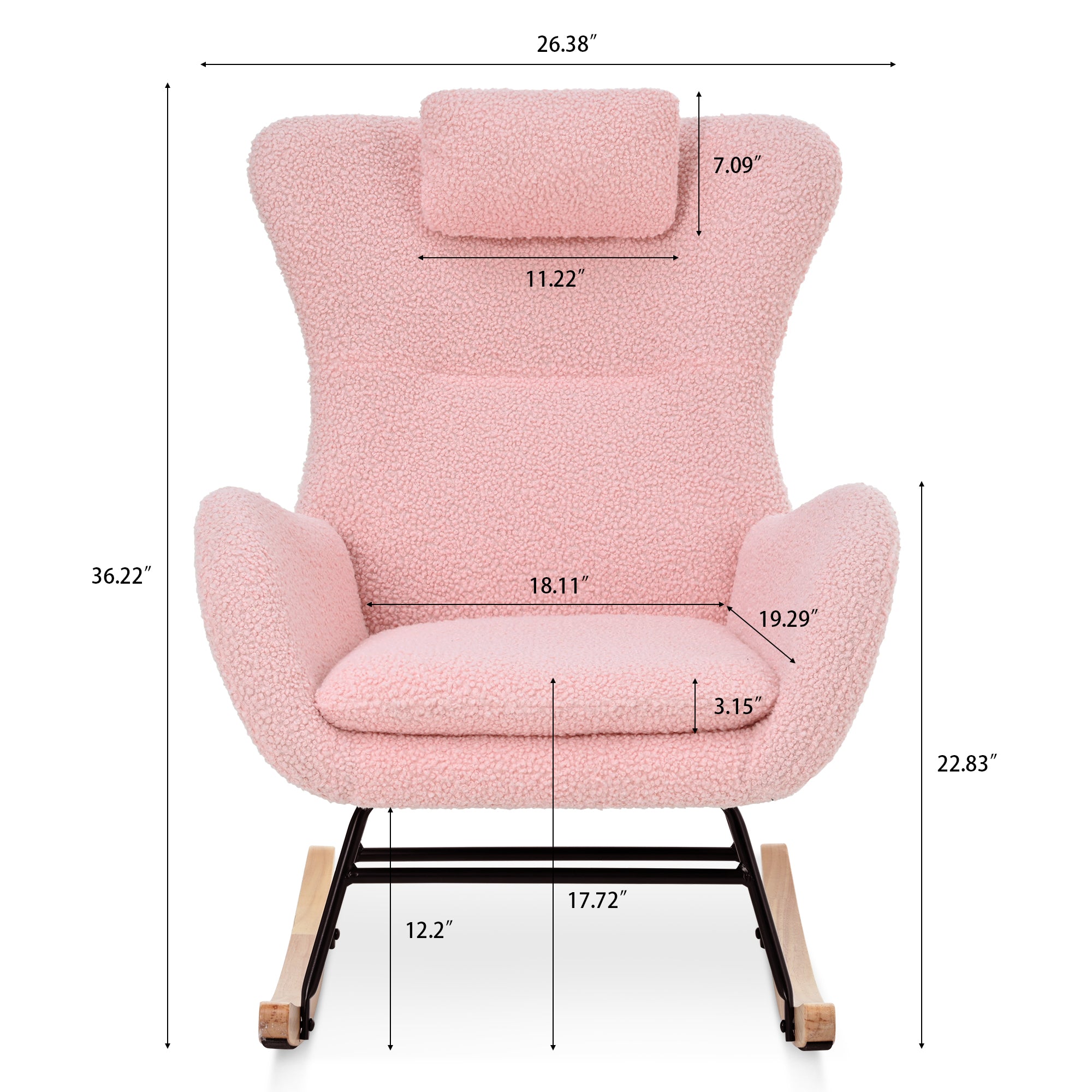 Rocking Chair Nursery, Teddy Upholstered Rocker Glider Chair with High Backrest, Adjustable Headrest & Pocket, Comfy Glider Chair for Nursery, Bedroom, Living Room, Offices, Rubber wood, pink - Grand Goldman Shop