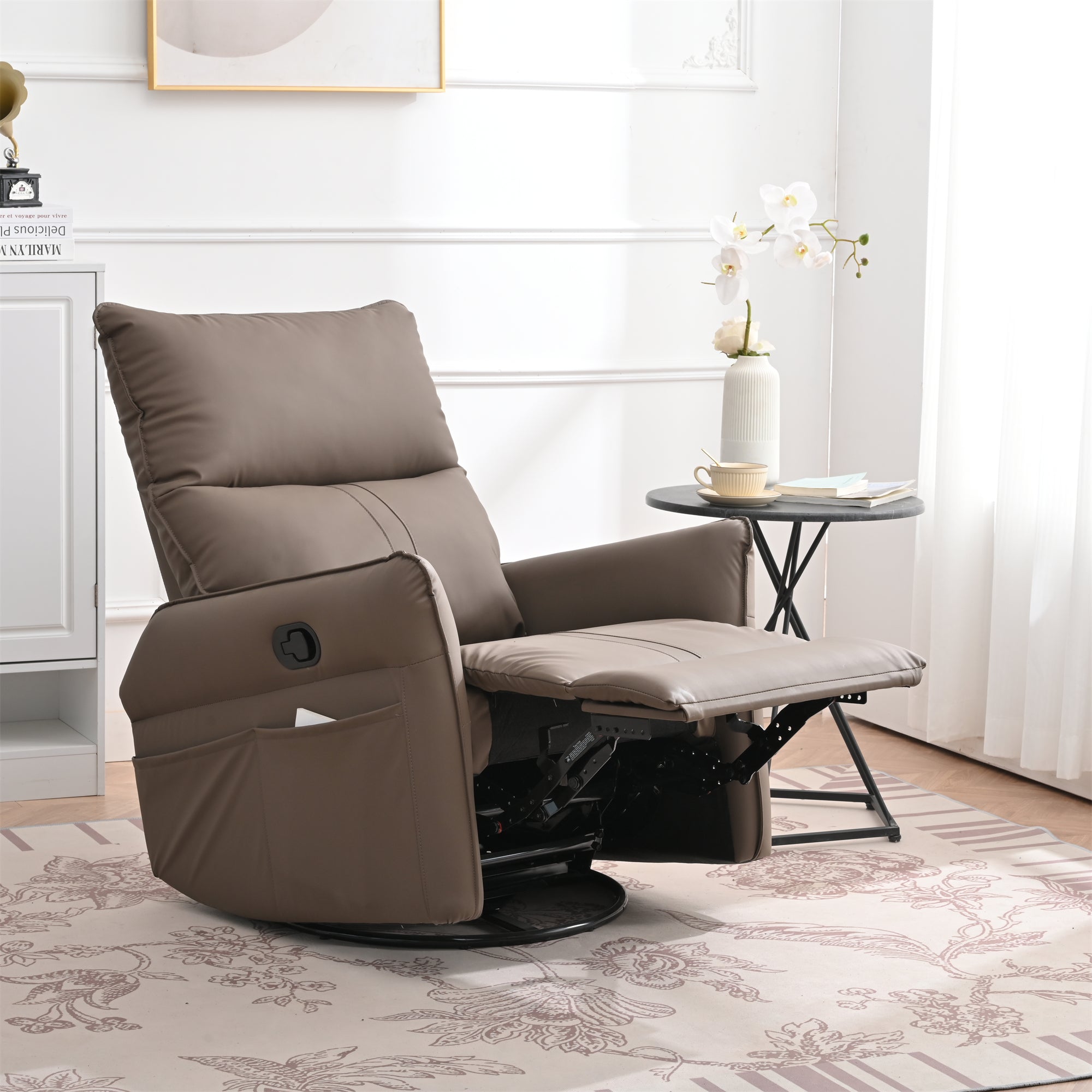 PU Rocking Recliner Chair, 360° Swivel Nursery Rocking Chair, Glider Chair, Modern Small Rocking Swivel Recliner Chair, Home Theater Seating, Side Pocket (Brown+360° Swivel) - Grand Goldman Shop